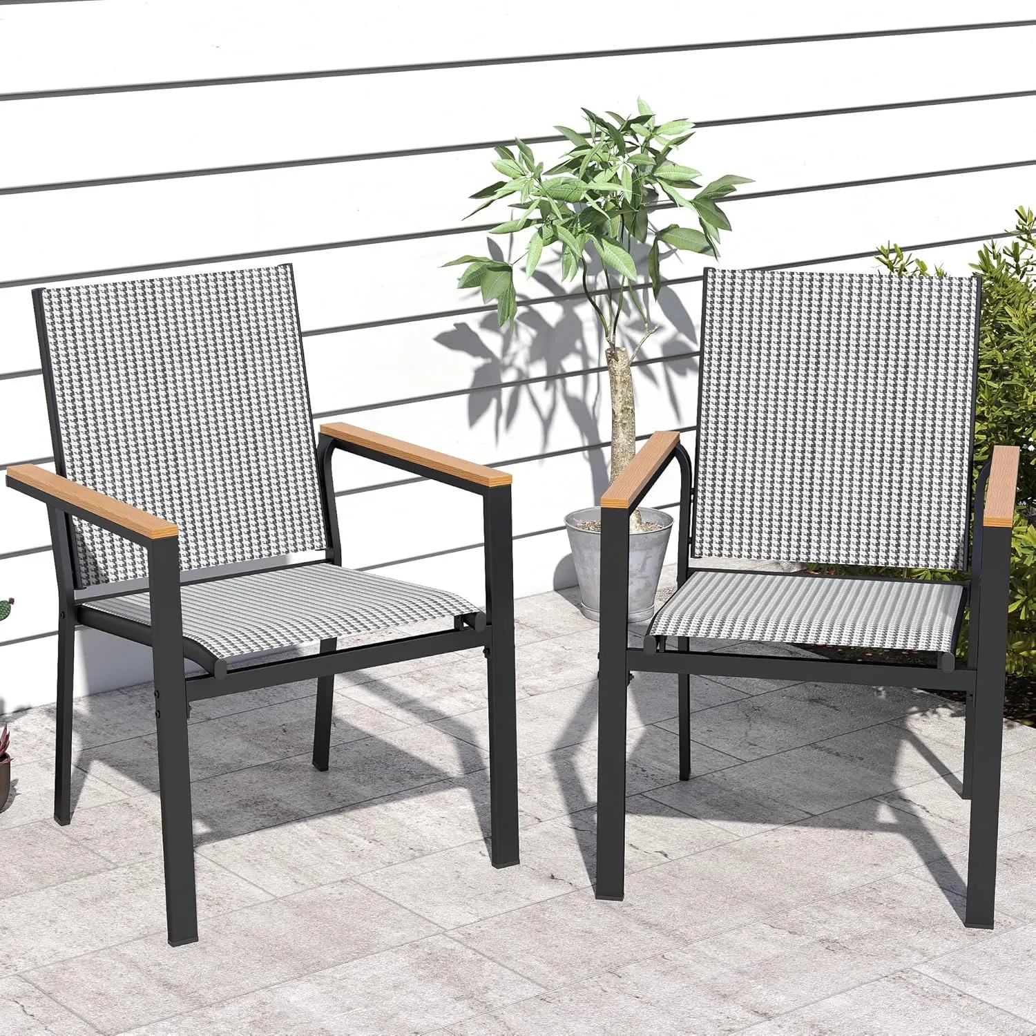DWVO Stackable Patio Chairs Set of 2, All-Weather Patio Seating with Olefin Fabric and Faux Wood Armrests, Black & White Plaid Pattern
