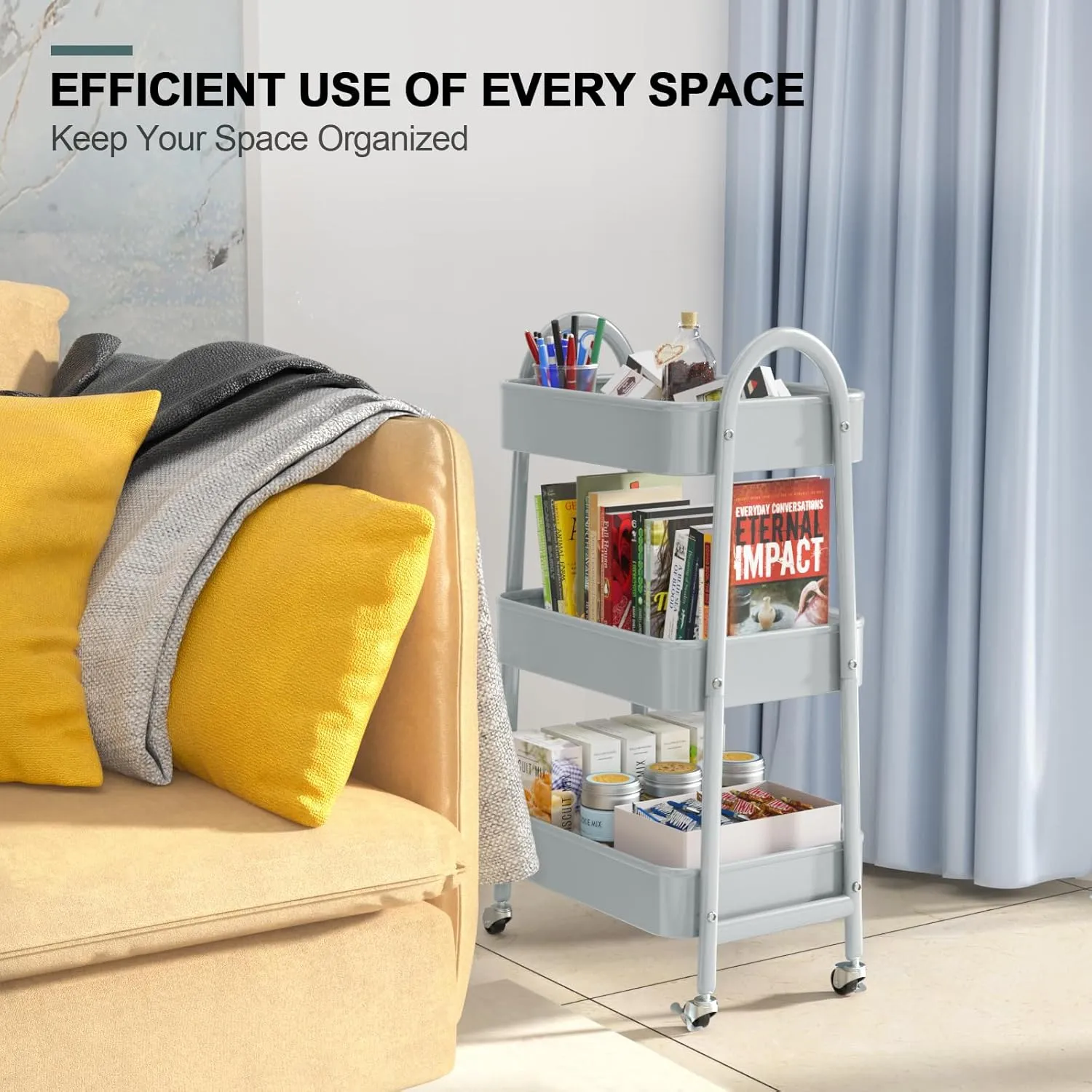 EAGMAK 3 Tier Utility Rolling Cart, Metal Storage Cart with Handle and Lockable Wheels, Multifunctional Storage Organizer Trolley with Mesh Baskets for Kitchen, Living Room, Office, Garage (Grey)
