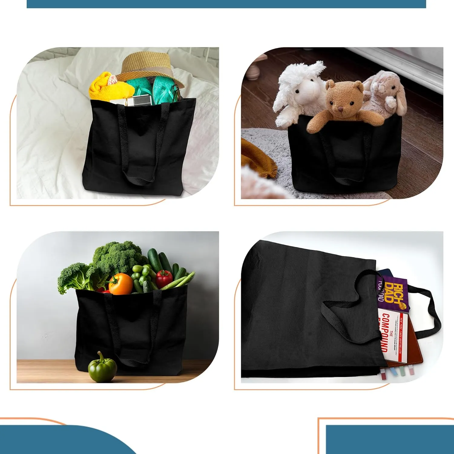 Economical Canvas Cotton Tote Bag, 6 | 8 Pack, Lightweight Reusable Grocery Shopping Cloth Bags, DIY, Advertising, Promotion