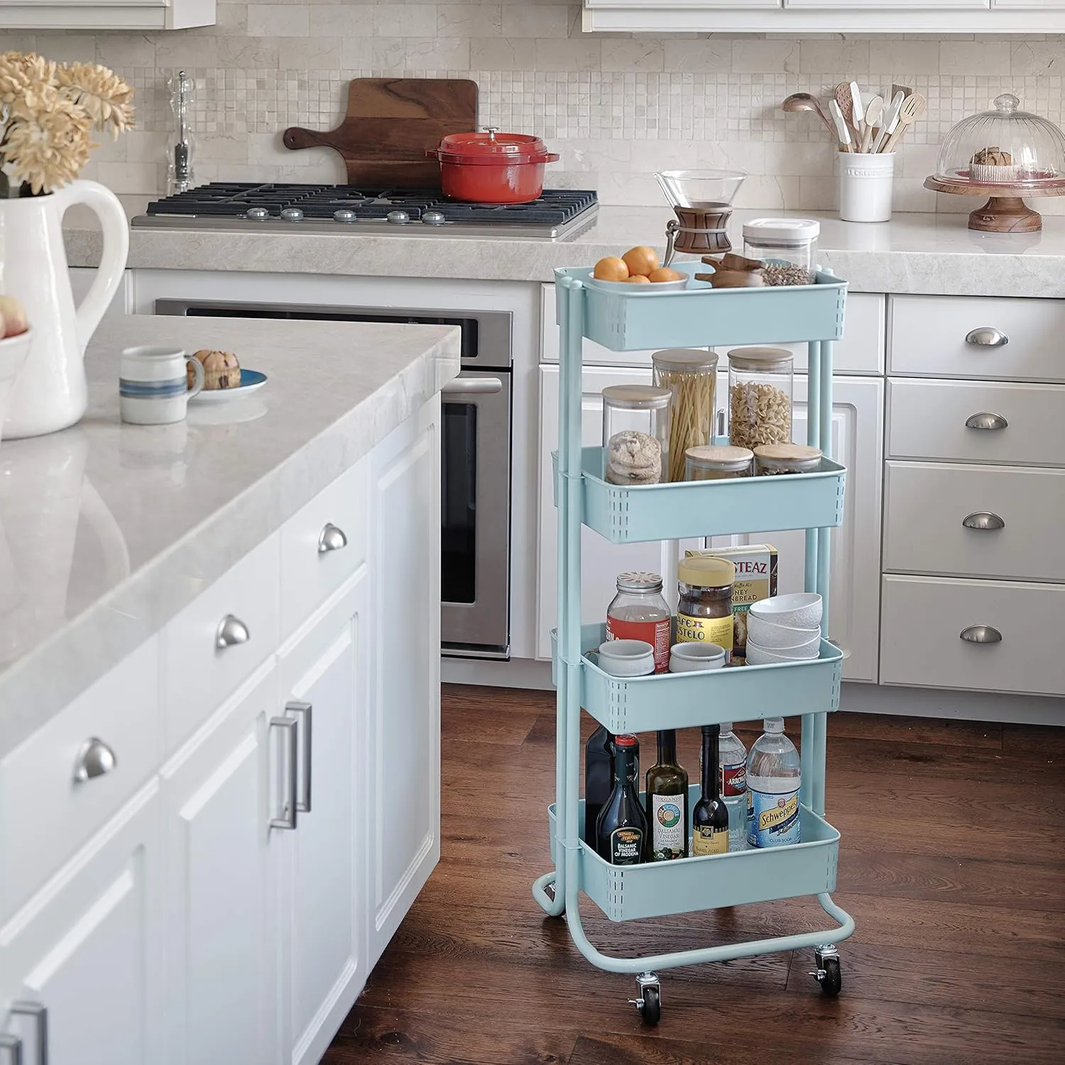 ECR4Kids 4-Tier Metal Rolling Utility Cart, Multipurpose Storage, Teal
