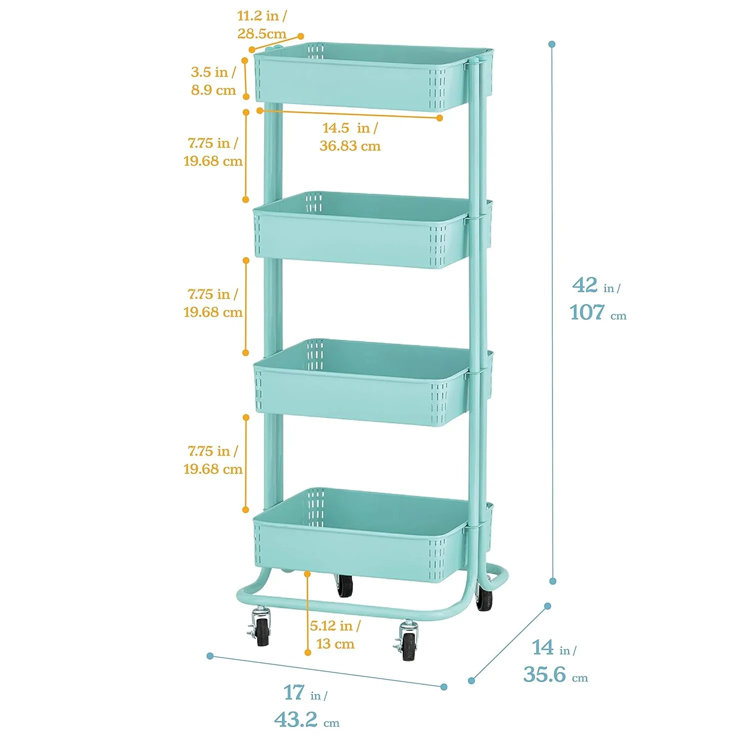 ECR4Kids 4-Tier Metal Rolling Utility Cart, Multipurpose Storage, Teal
