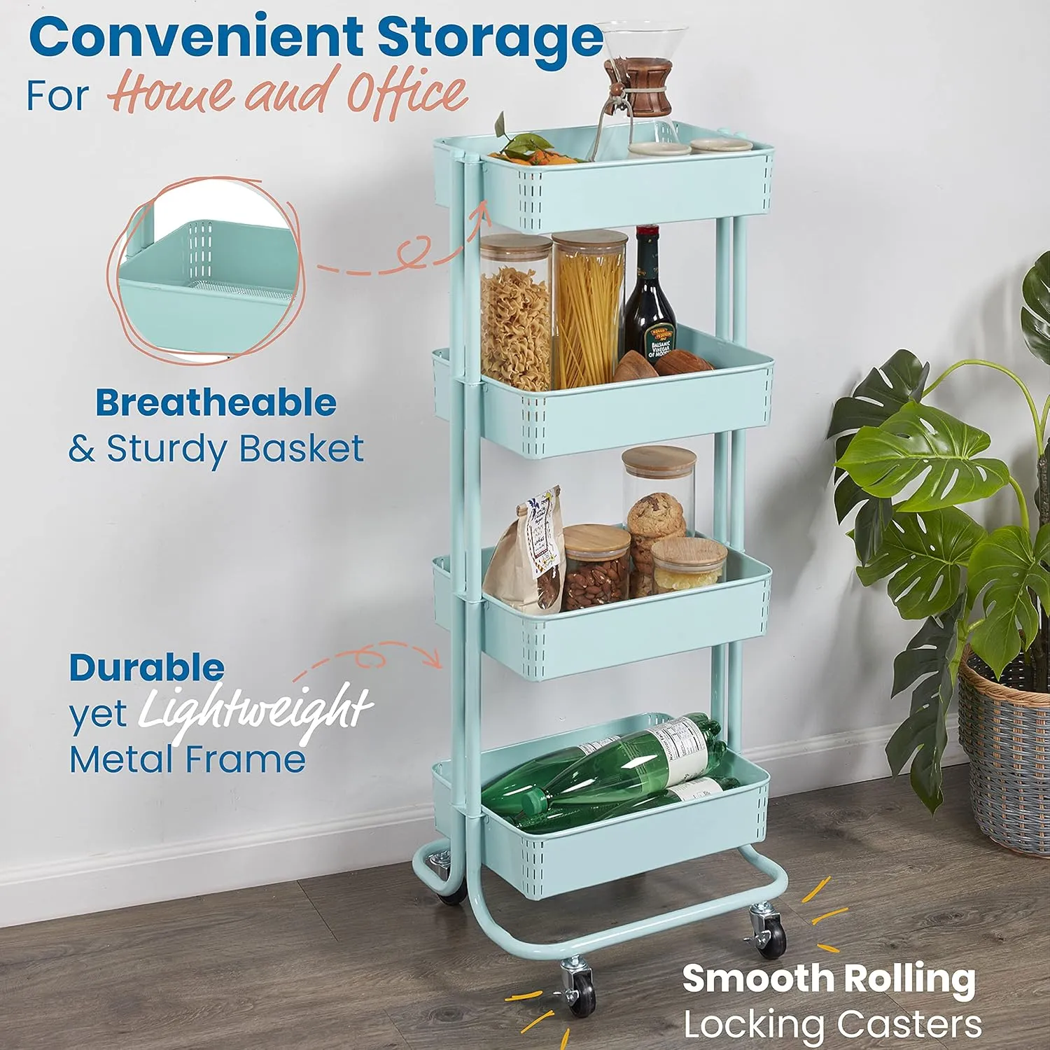 ECR4Kids 4-Tier Metal Rolling Utility Cart, Multipurpose Storage, Teal