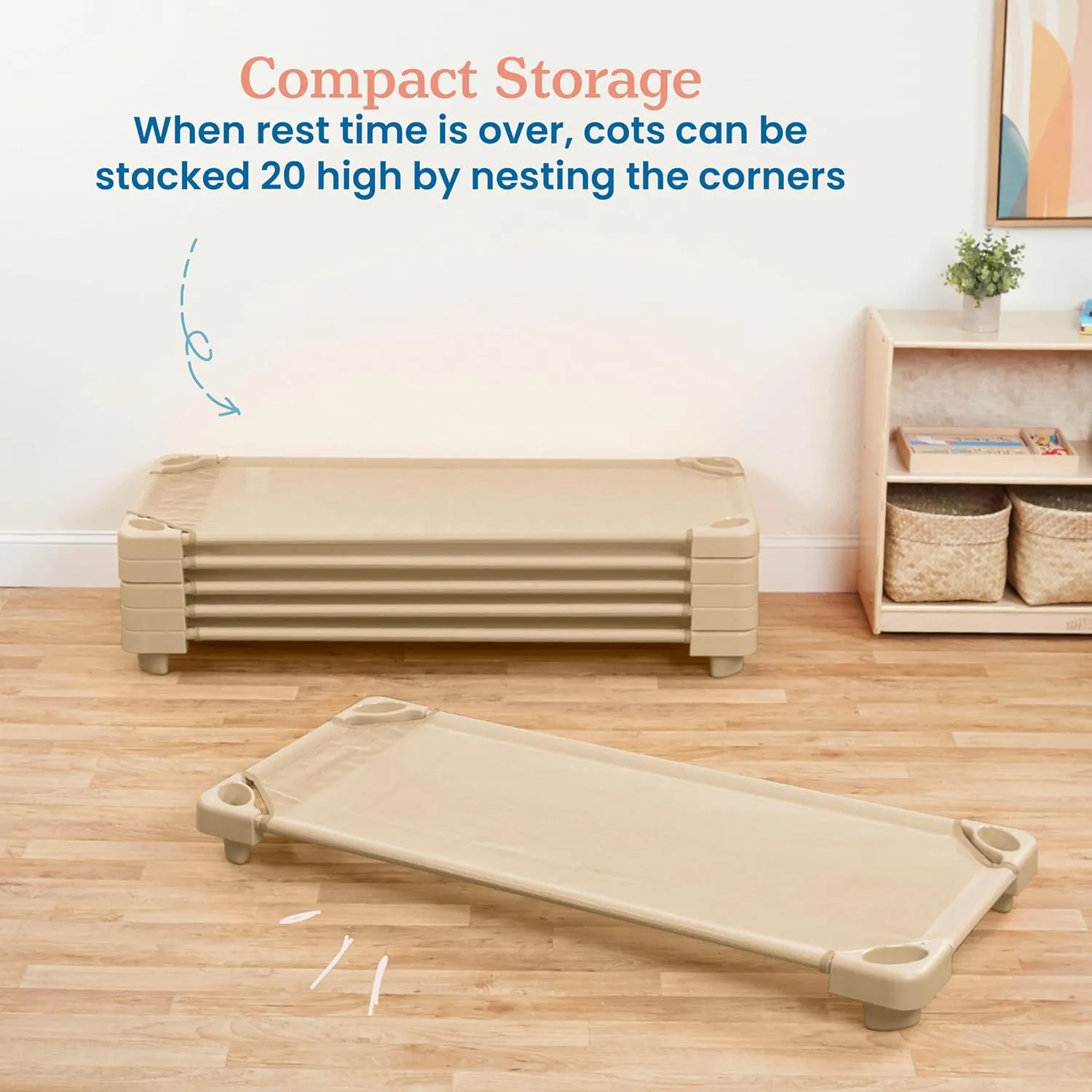 ECR4Kids Stackable Kiddie Cot, Ready-to-Assemble, Standard Size, Classroom Furniture, Sand, 6-Pack