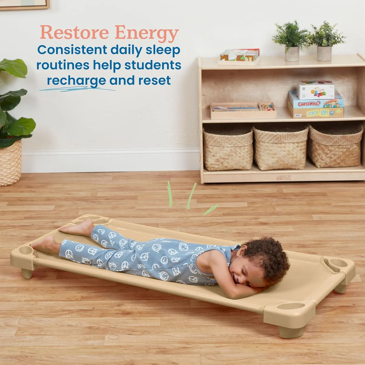ECR4Kids Stackable Kiddie Cot, Ready-to-Assemble, Standard Size, Classroom Furniture, Sand, 6-Pack