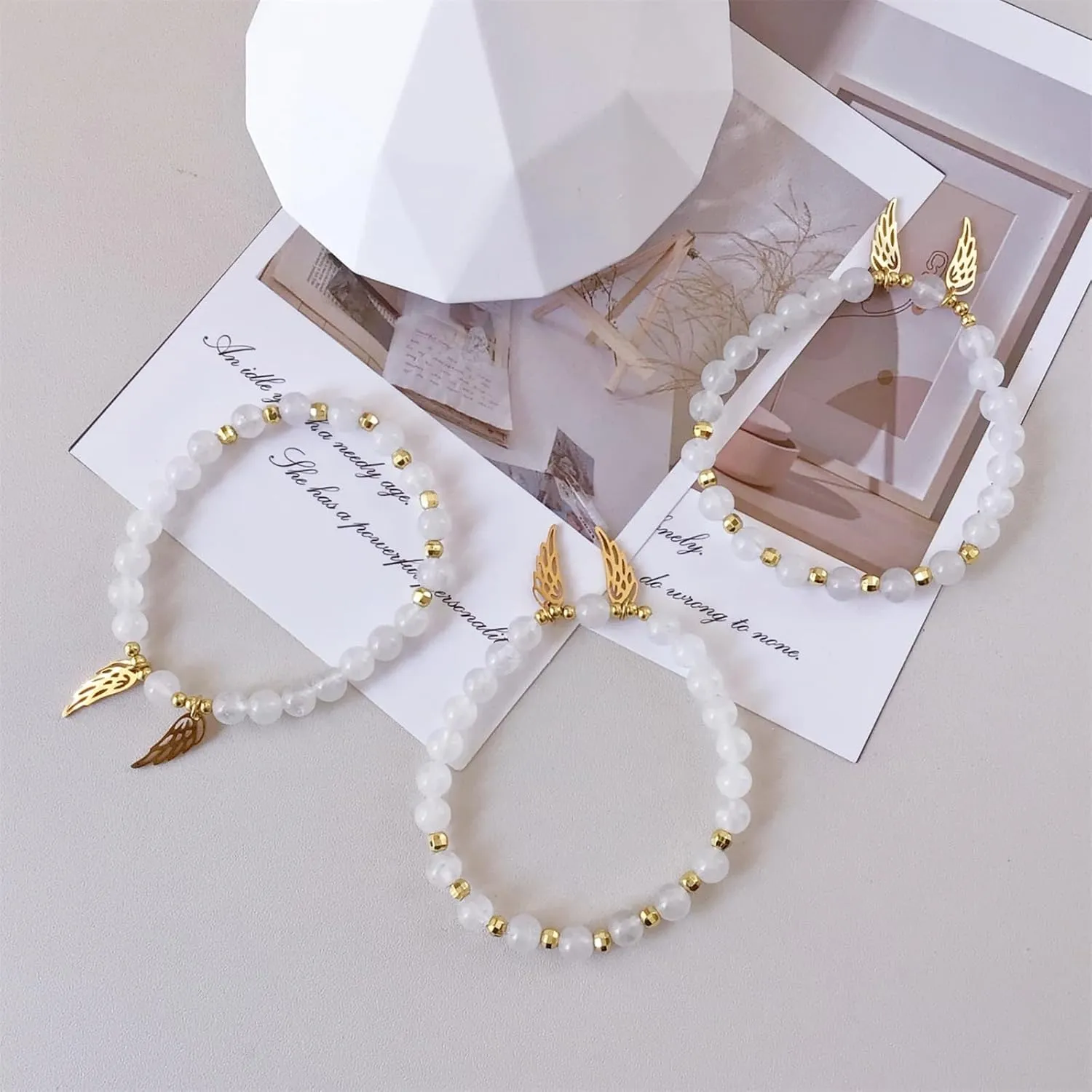 EDEN'S CALL Healing Crystal Stone Beads Bracelet with Angel Wings Charm Quartz Beaded Stretch Bracelet for Women