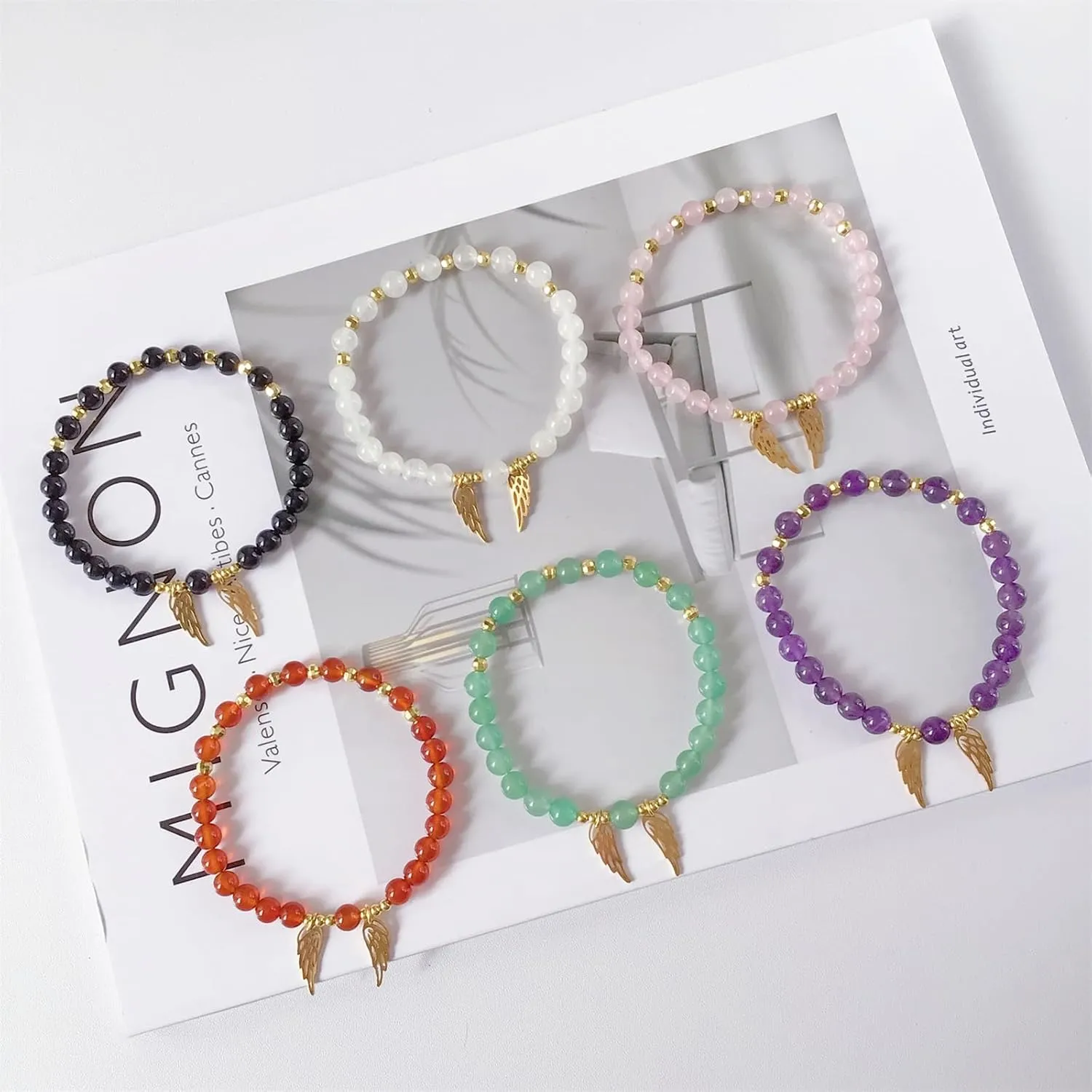 EDEN'S CALL Healing Crystal Stone Beads Bracelet with Angel Wings Charm Quartz Beaded Stretch Bracelet for Women