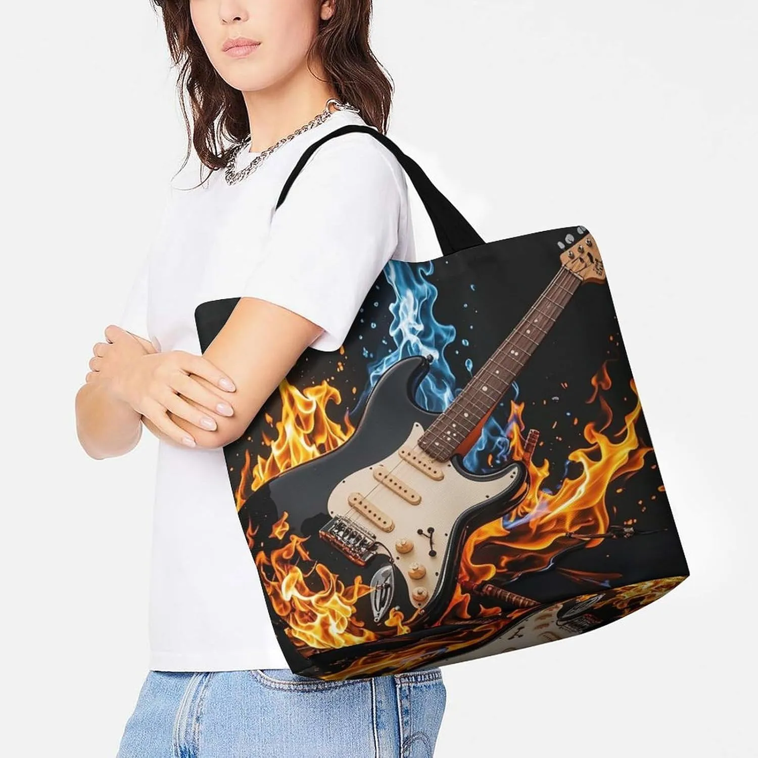 Electric Guitar Music Tote Bag for Women Reusable Grocery Shoulder Bag Shopping Bags for Travel, Groceries