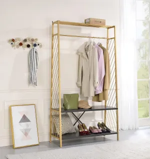 Elegant Gold & Black Metal Hall Tree with 2 Tier Shelves and Hanging Rail for Entryway Organization