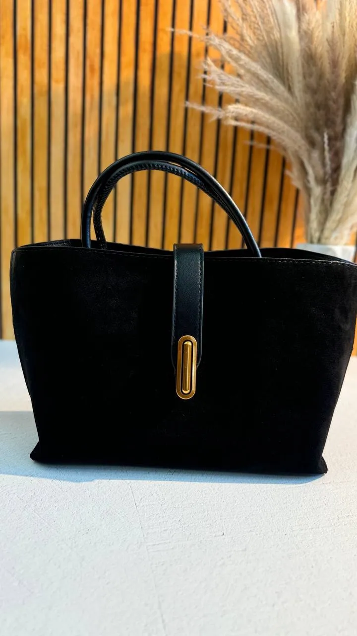 Elegant Suede Handbag with Faux Leather Accents and Detachable Strap