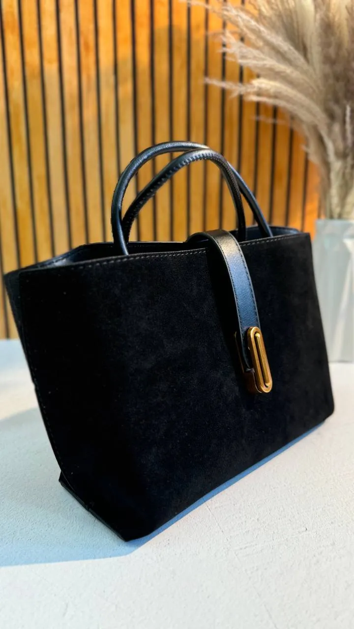 Elegant Suede Handbag with Faux Leather Accents and Detachable Strap