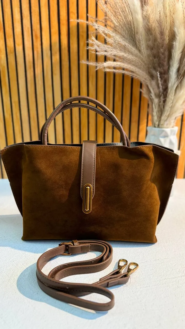 Elegant Suede Handbag with Faux Leather Accents and Detachable Strap