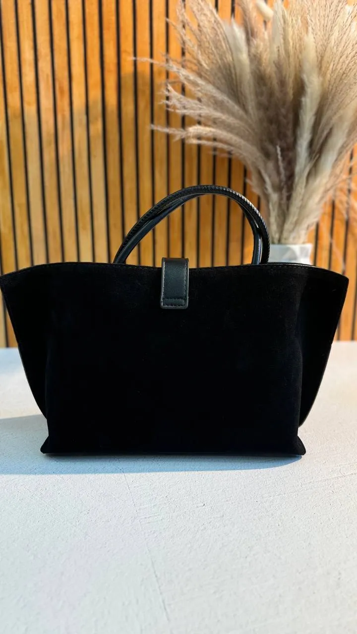 Elegant Suede Handbag with Faux Leather Accents and Detachable Strap