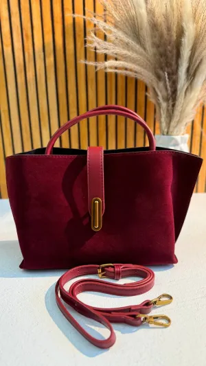 Elegant Suede Handbag with Faux Leather Accents and Detachable Strap