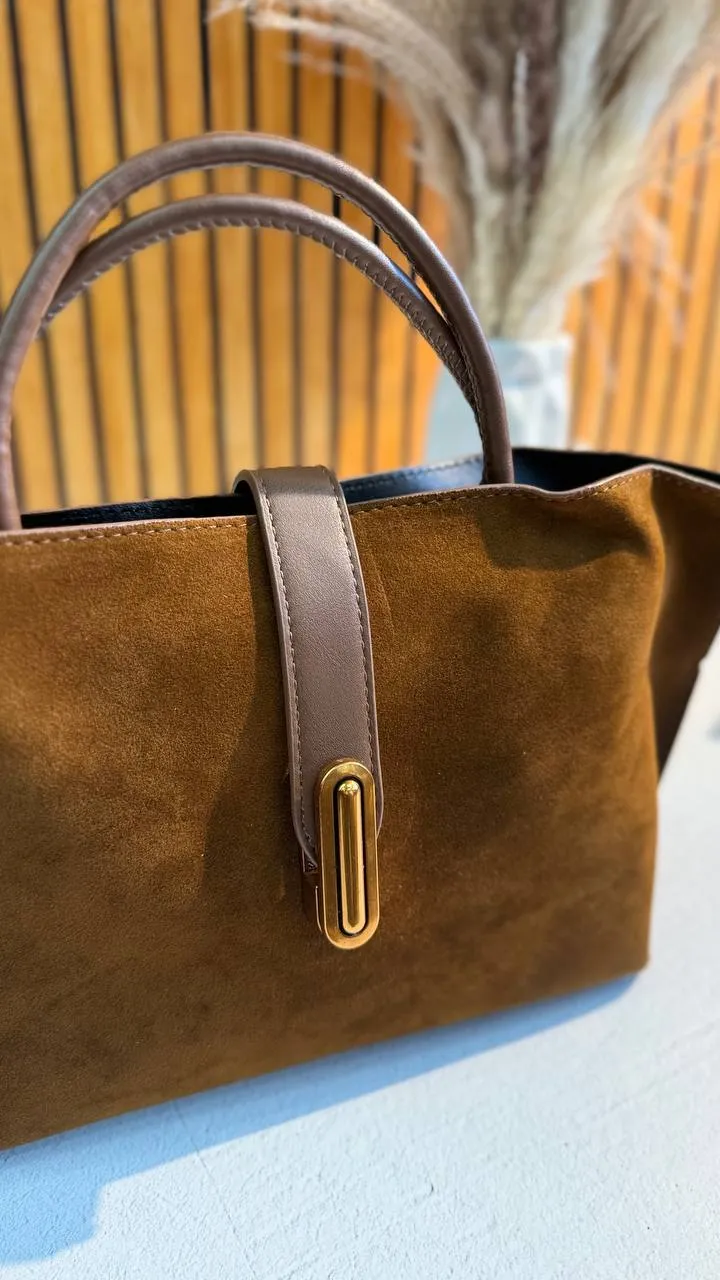 Elegant Suede Handbag with Faux Leather Accents and Detachable Strap