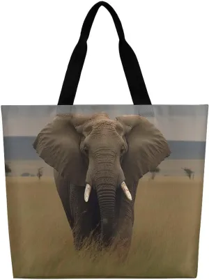 Elephant in The Grass Tote Bag Large Women Casual Shoulder Bag Reusable Grocery Bag Fasion Handbag for Office Shopping Travel