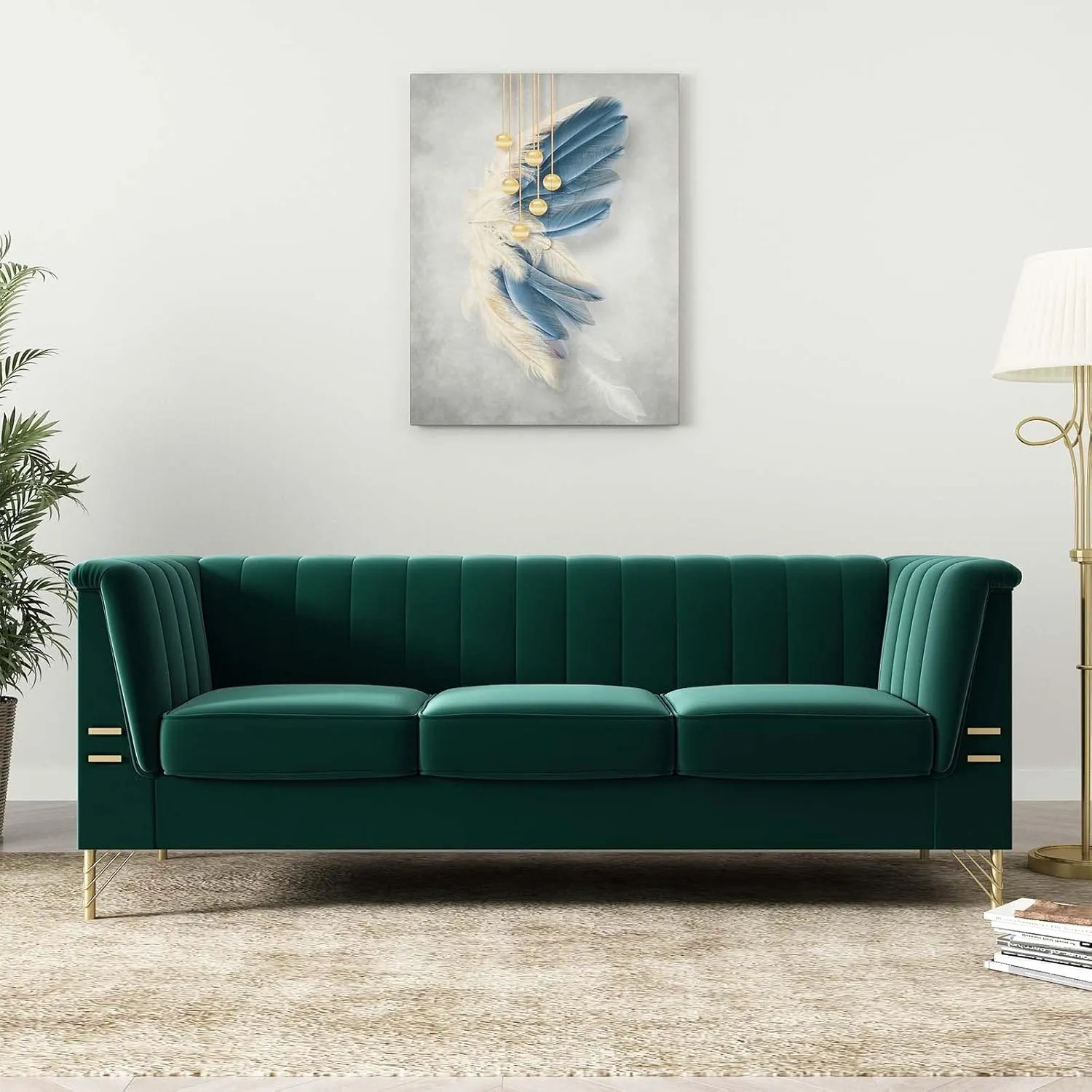 Emerald Green Velvet Couch Sofa, 83 Inch Wide Mid-Century Modern Sofa Tufted Chesterfield Sofa with Flared Arms and Removable Cushions, 3 Seat Large Comfy Couches Sofas for Living Room (Green)