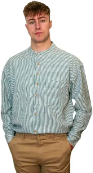 Emerald Isle Cotton Linen Blend Button Down Shirt, 90% Cotton, Striped Pattern, Banded Collar