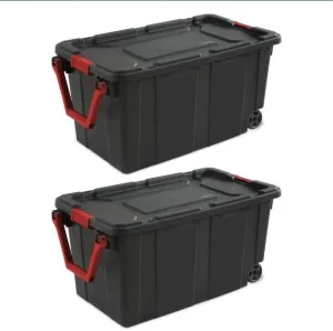 Emny Modern Plastic & Metal 40 Gallon Lidded Home Storage Bins, Stackable Industrial Storage Containers Tote, Organizing Tote Tub Box with Wheeled, Moving Boxes, Set of 2, Black