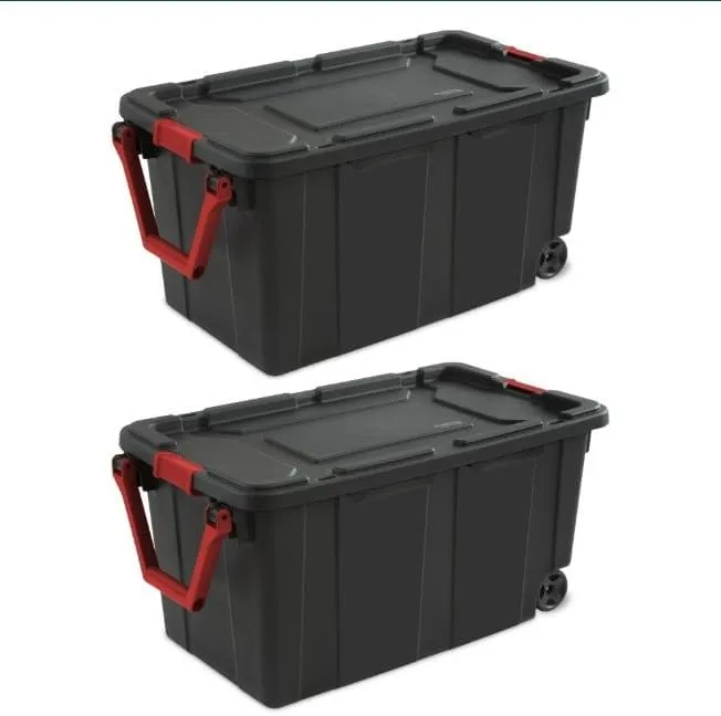 Emny Modern Plastic & Metal 40 Gallon Lidded Home Storage Bins, Stackable Industrial Storage Containers Tote, Organizing Tote Tub Box with Wheeled, Moving Boxes, Set of 2, Black