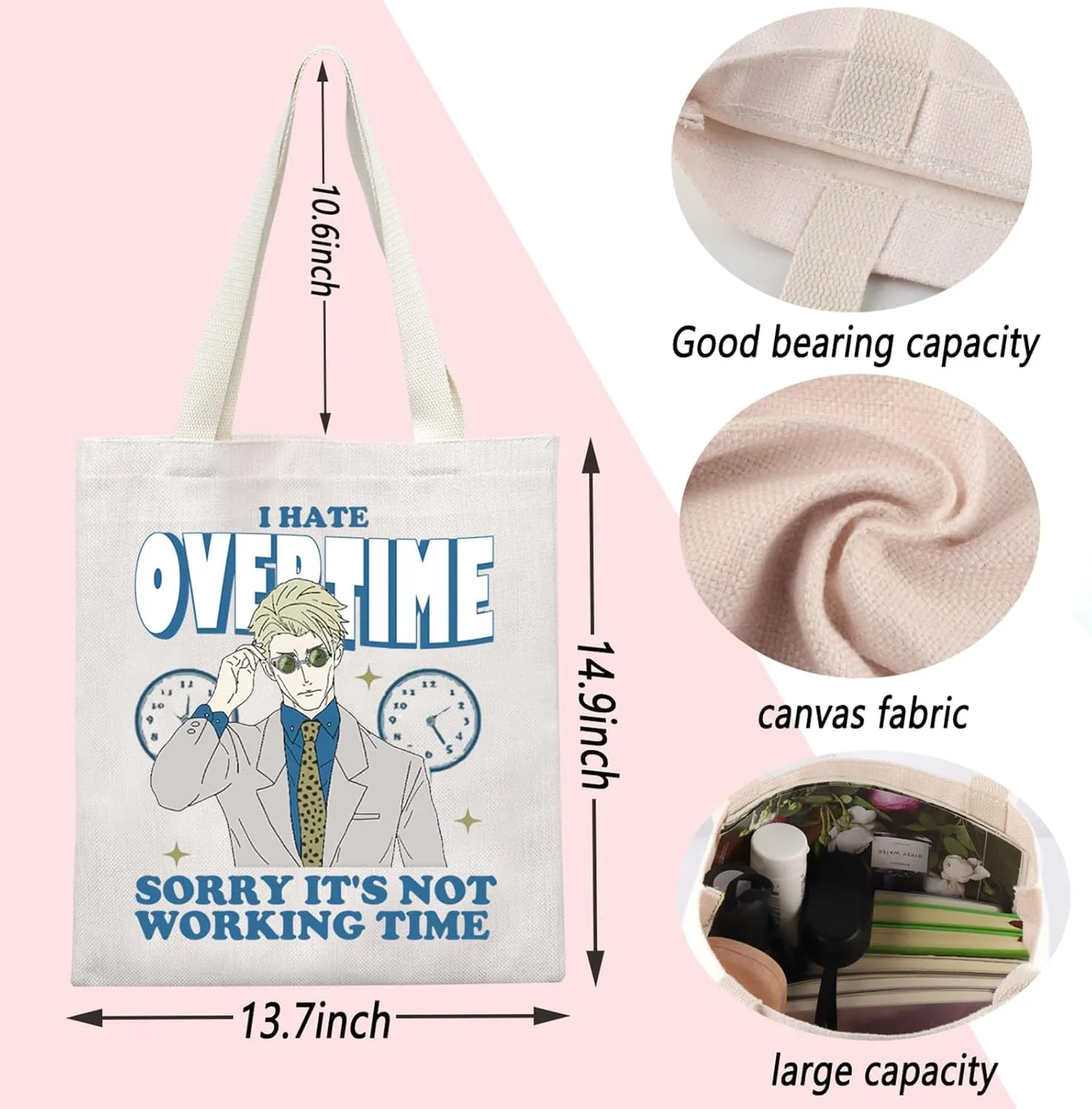 ENSIANTH JJK Inspired Tote Bag I hate Overtime Anime Lover Gift Sorcerer Curse Fighter Japanese Anime Fan Shopping Bag