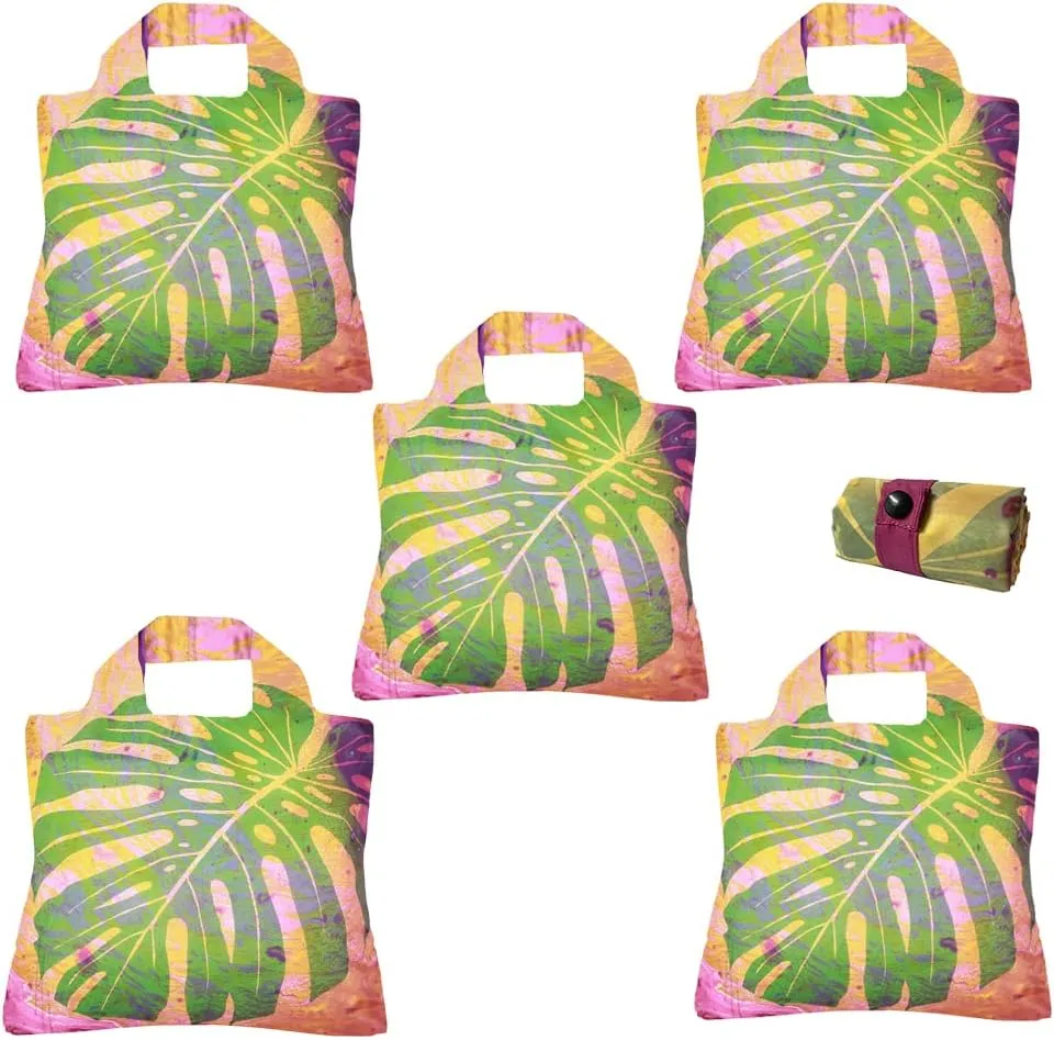 Envirosax Reusable Grocery Bags- Eco-Friendly Travel Tote Set of 5 Havana Monstera