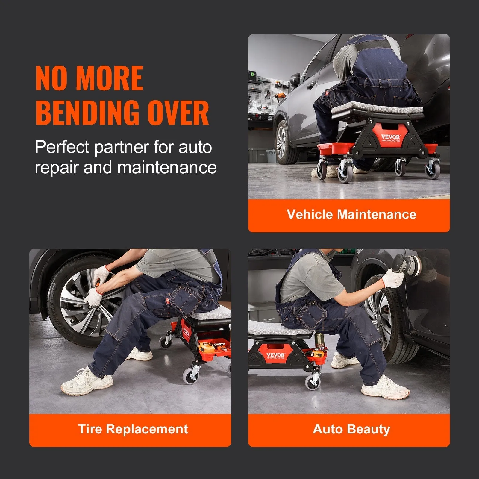 Ergonomic Rolling Mechanic Stool with Storage