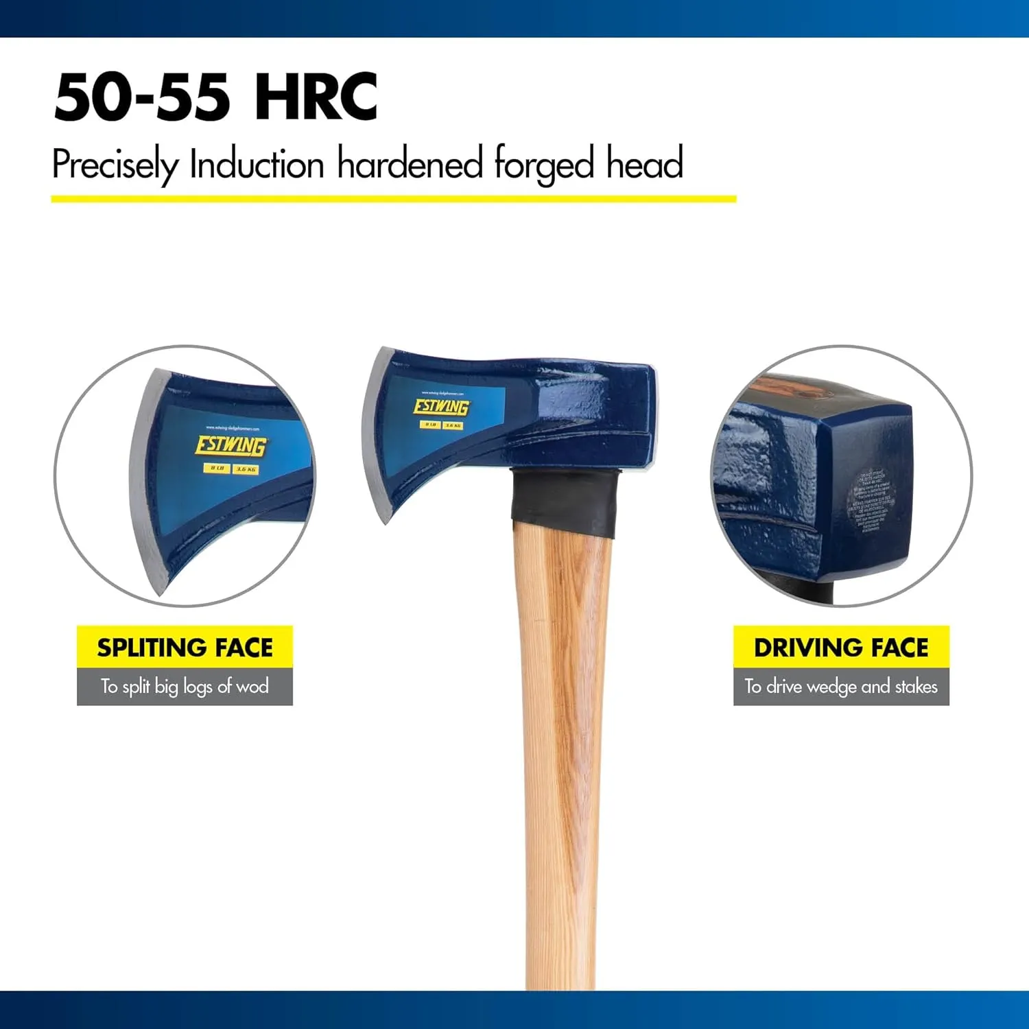 Estwing 8 Pound Wood Splitting Maul Tool with 36 Inch Hickory Wooden Handle, Steel Blade, and Superior Shock Absorption for Effortless Wood Splitting