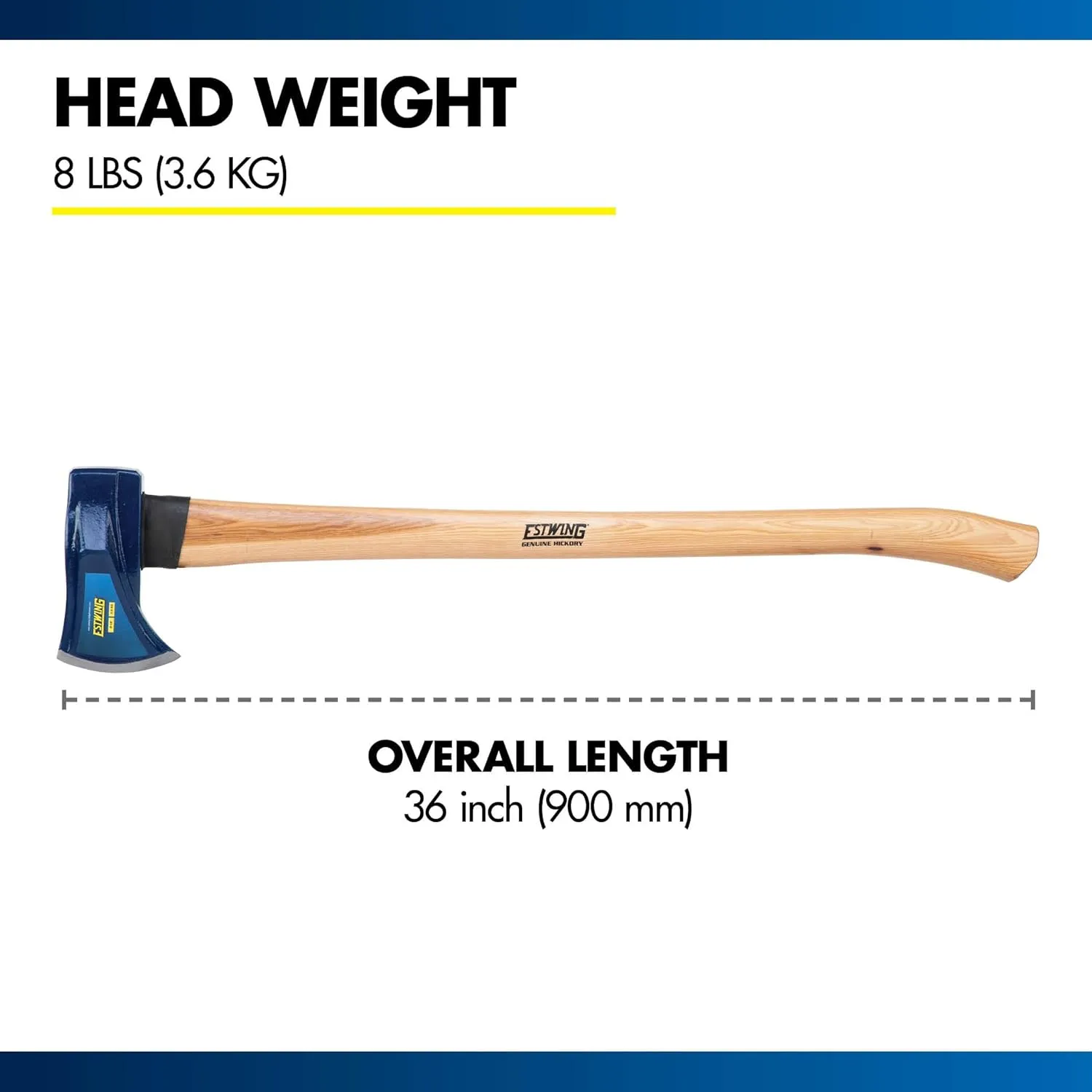 Estwing 8 Pound Wood Splitting Maul Tool with 36 Inch Hickory Wooden Handle, Steel Blade, and Superior Shock Absorption for Effortless Wood Splitting