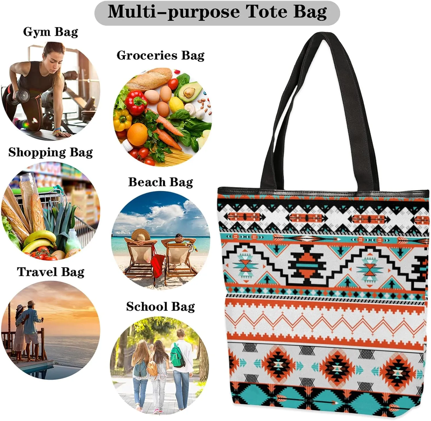 Ethnic Aztec Canvas Tote Bag, Eco Friendly Reusable Grocery Shopping Bags Beach Bag Book Tote Handbags Washable Shoulder Bag With Zipper Inner Pocket for Women Girls