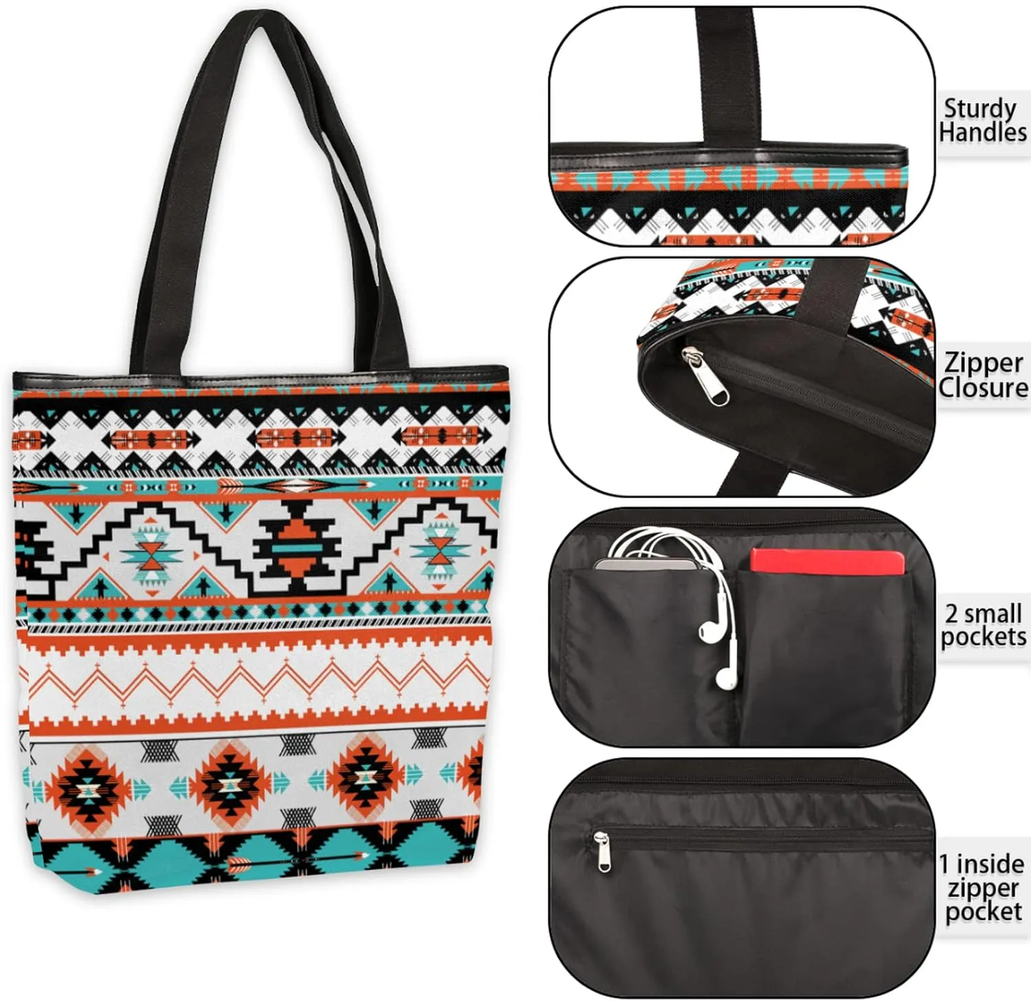 Ethnic Aztec Canvas Tote Bag, Eco Friendly Reusable Grocery Shopping Bags Beach Bag Book Tote Handbags Washable Shoulder Bag With Zipper Inner Pocket for Women Girls