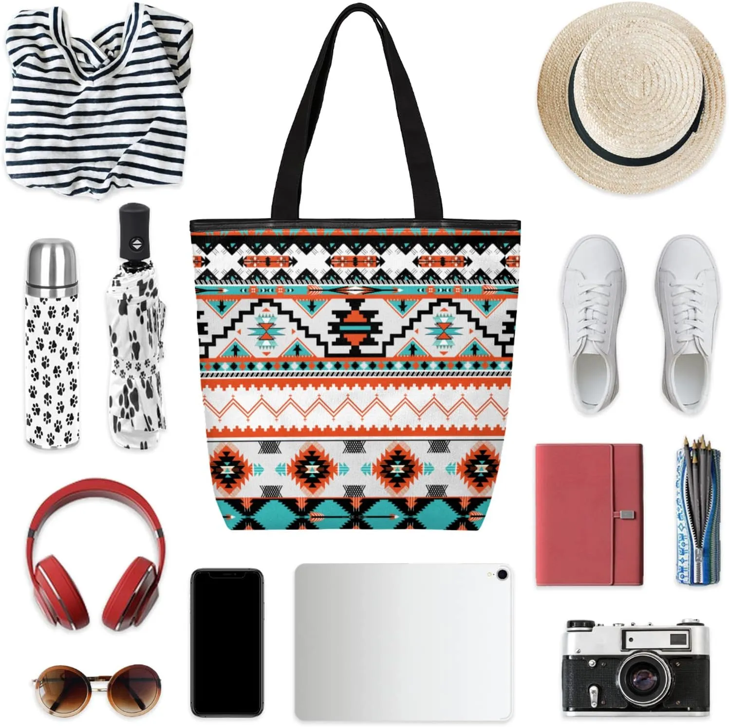 Ethnic Aztec Canvas Tote Bag, Eco Friendly Reusable Grocery Shopping Bags Beach Bag Book Tote Handbags Washable Shoulder Bag With Zipper Inner Pocket for Women Girls