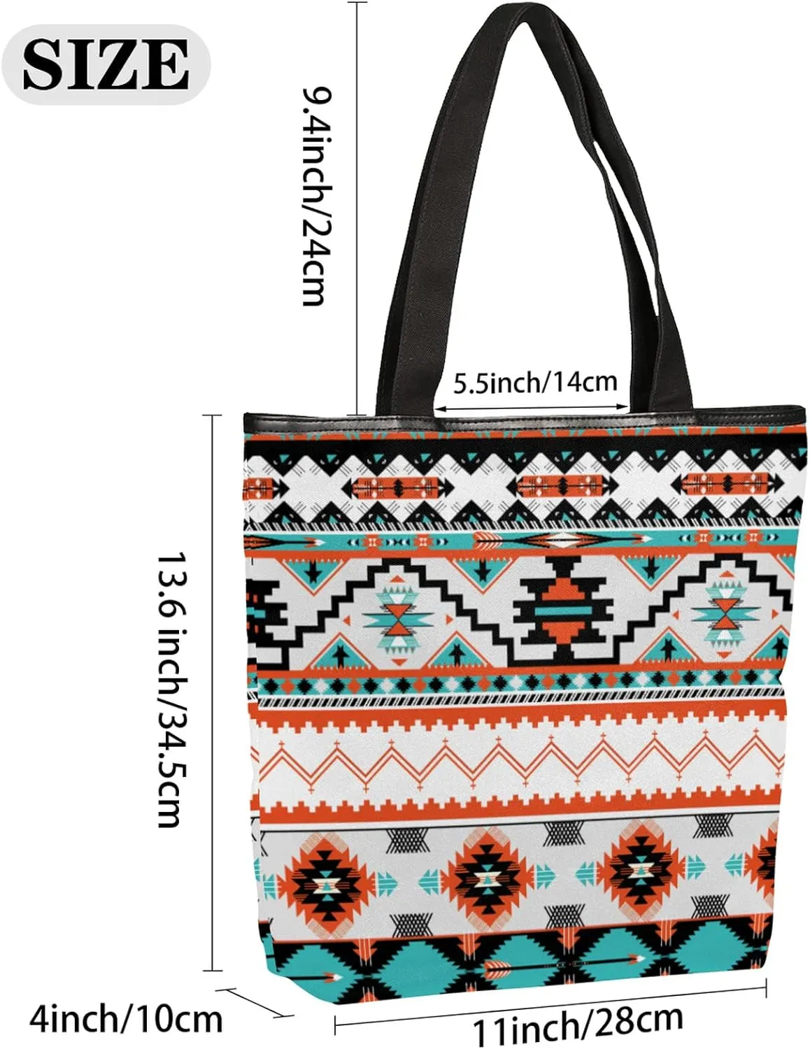 Ethnic Aztec Canvas Tote Bag, Eco Friendly Reusable Grocery Shopping Bags Beach Bag Book Tote Handbags Washable Shoulder Bag With Zipper Inner Pocket for Women Girls
