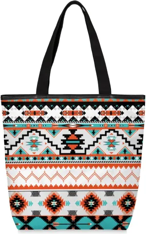 Ethnic Aztec Canvas Tote Bag, Eco Friendly Reusable Grocery Shopping Bags Beach Bag Book Tote Handbags Washable Shoulder Bag With Zipper Inner Pocket for Women Girls