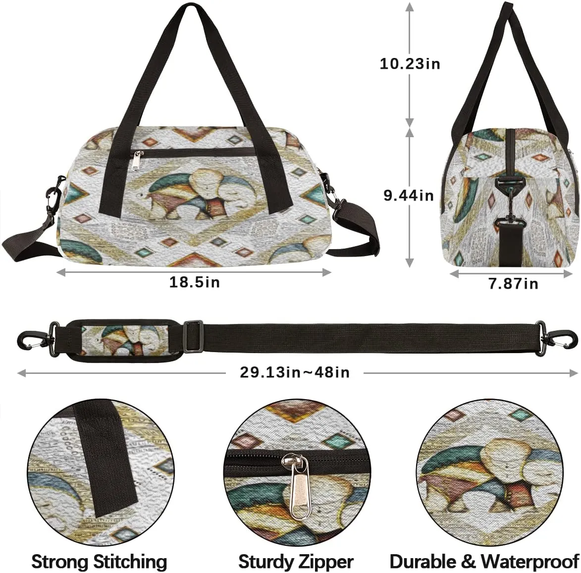 Ethnic Style Elephant Kids Duffel Bag for Girls Boys Teens, Elephant Oil Painting Dance Bag Overnight Small Duffel Bag Carry On Weekend Sports Gym Travel Bag for School Practice Gymnastics Ballet