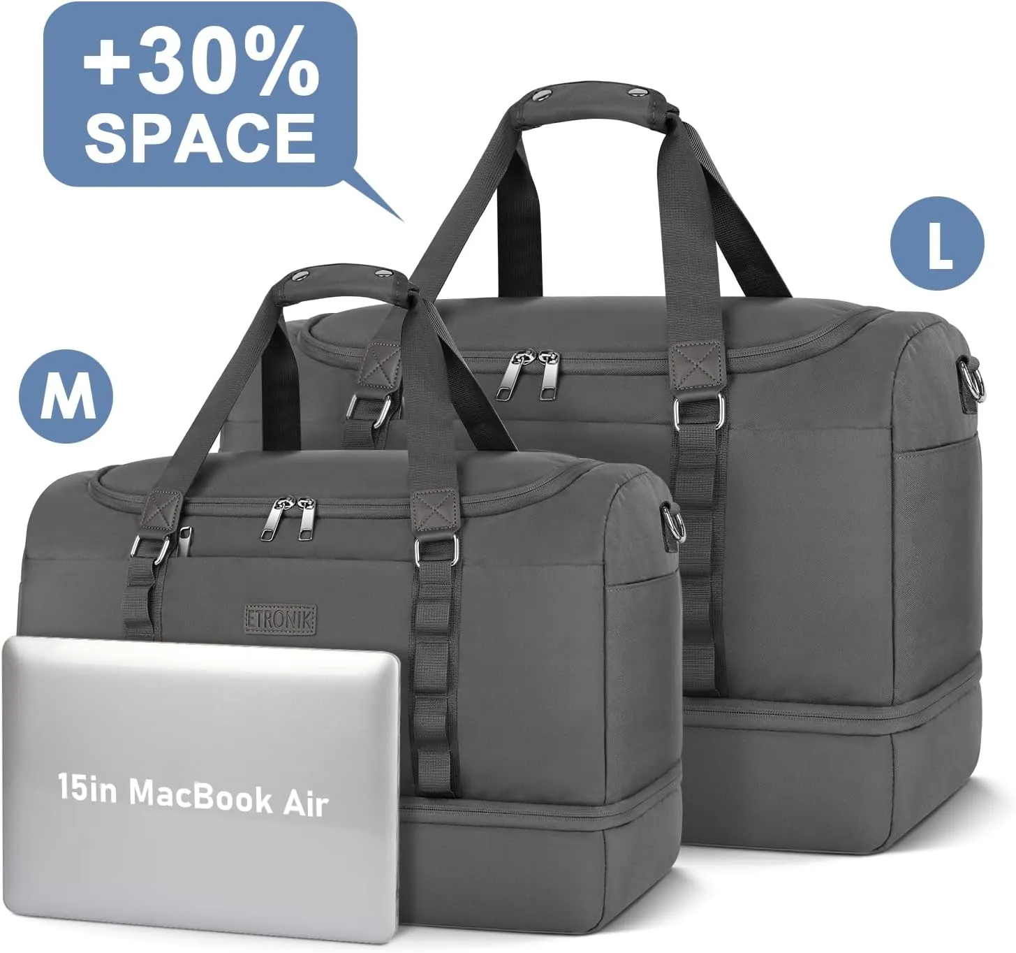 ETRONIK Gym Bag for Men Women, Large Travel Duffle Bag with Shoe Compartment, Carry on Bag with Toiletry Bag, Weekender Overnight Bag for Sports Business Trip, Grey