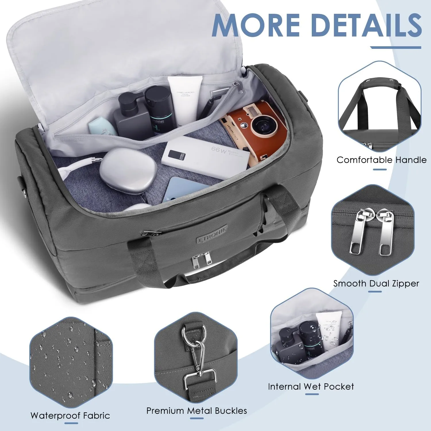 ETRONIK Gym Bag for Men Women, Large Travel Duffle Bag with Shoe Compartment, Carry on Bag with Toiletry Bag, Weekender Overnight Bag for Sports Business Trip, Grey