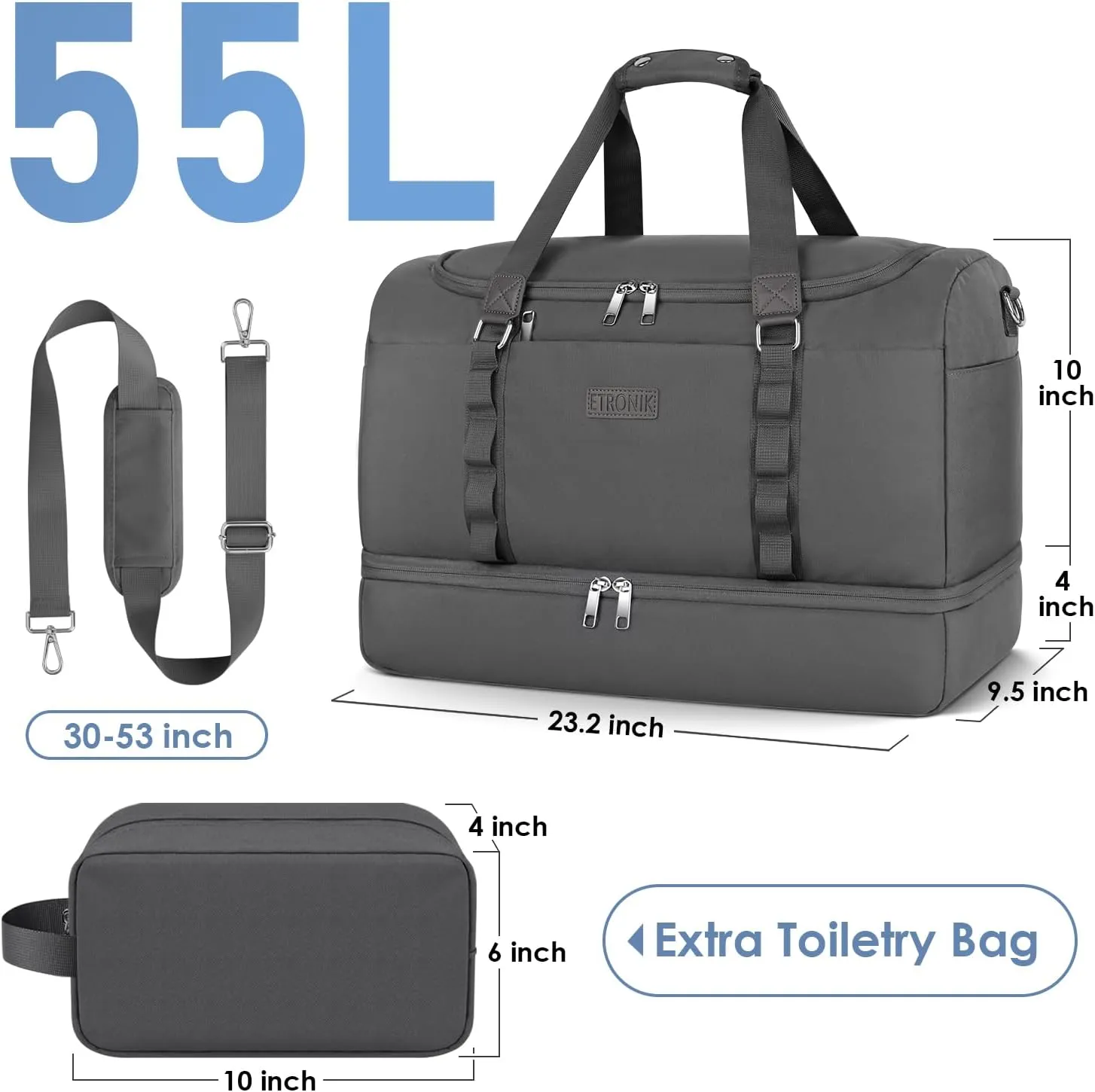 ETRONIK Gym Bag for Men Women, Large Travel Duffle Bag with Shoe Compartment, Carry on Bag with Toiletry Bag, Weekender Overnight Bag for Sports Business Trip, Grey