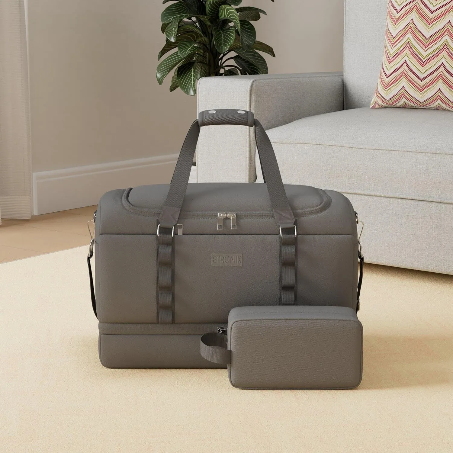 ETRONIK Gym Bag for Men Women, Large Travel Duffle Bag with Shoe Compartment, Carry on Bag with Toiletry Bag, Weekender Overnight Bag for Sports Business Trip, Grey