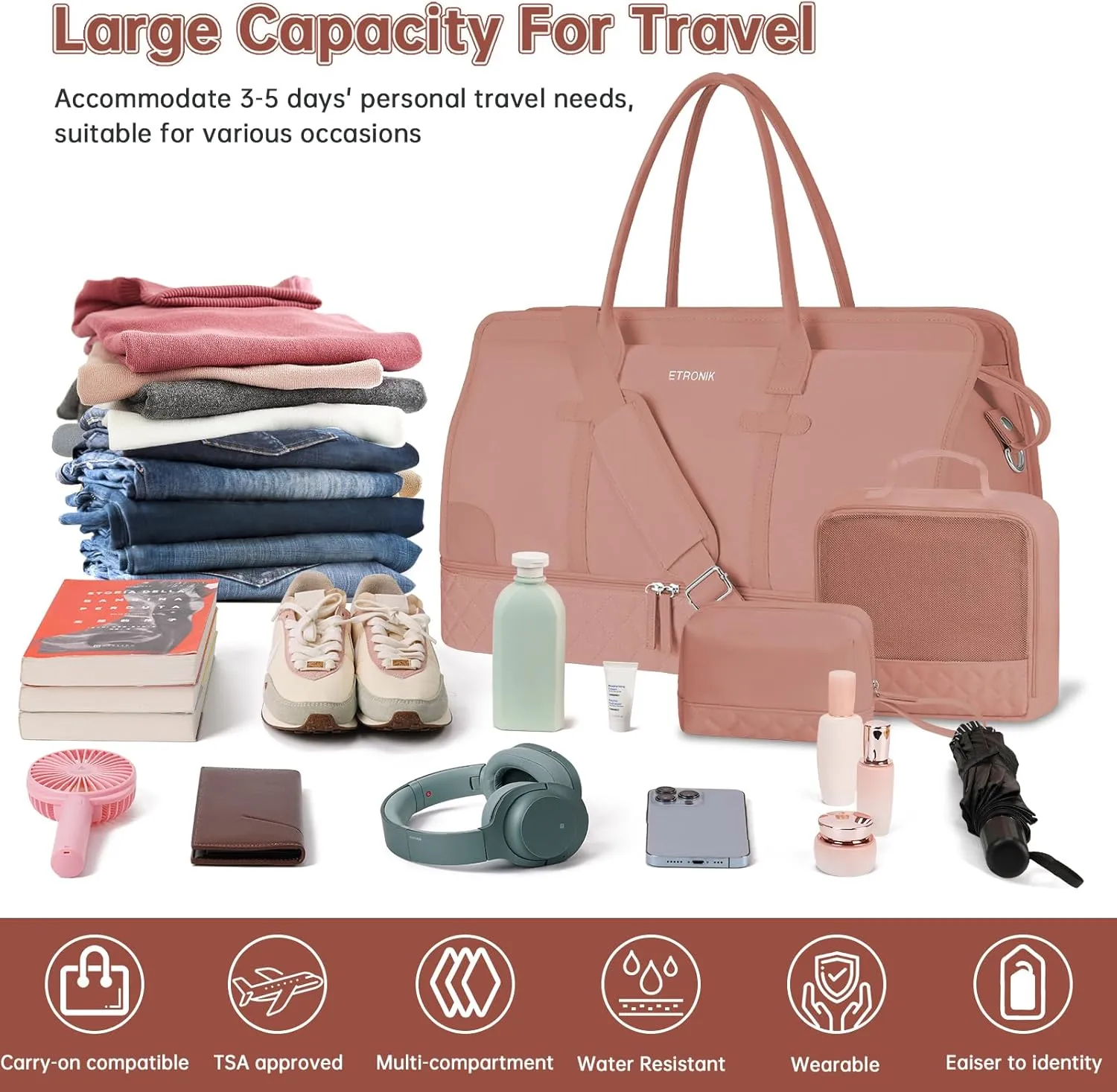 ETRONIK Weekender Overnight Bag for Women, Large Travel Duffle Bag with Shoe Compartment & Wet Pocket, Carry On Tote Bag Gym Duffel Bag with Toiletry Bag, 3 Pcs Set, Large Size, Brown Orange