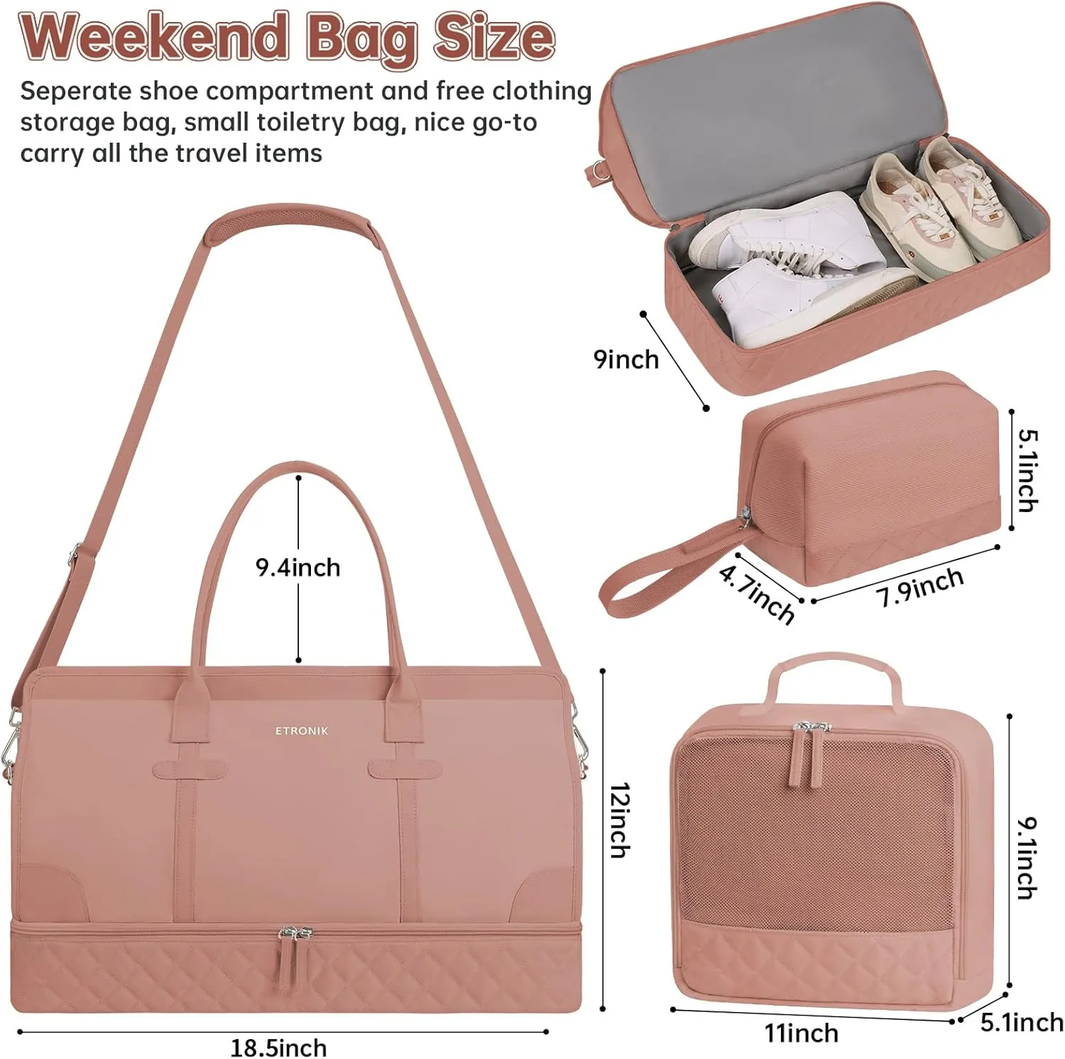 ETRONIK Weekender Overnight Bag for Women, Large Travel Duffle Bag with Shoe Compartment & Wet Pocket, Carry On Tote Bag Gym Duffel Bag with Toiletry Bag, 3 Pcs Set, Large Size, Brown Orange