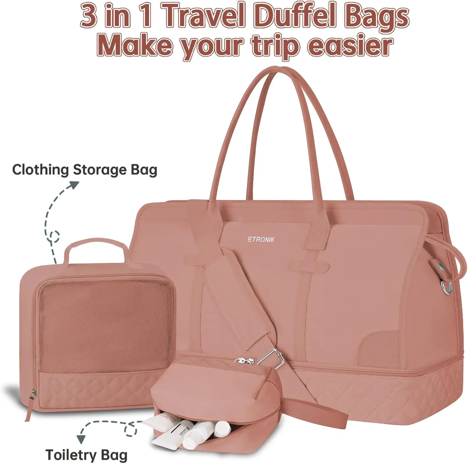 ETRONIK Weekender Overnight Bag for Women, Large Travel Duffle Bag with Shoe Compartment & Wet Pocket, Carry On Tote Bag Gym Duffel Bag with Toiletry Bag, 3 Pcs Set, Large Size, Brown Orange
