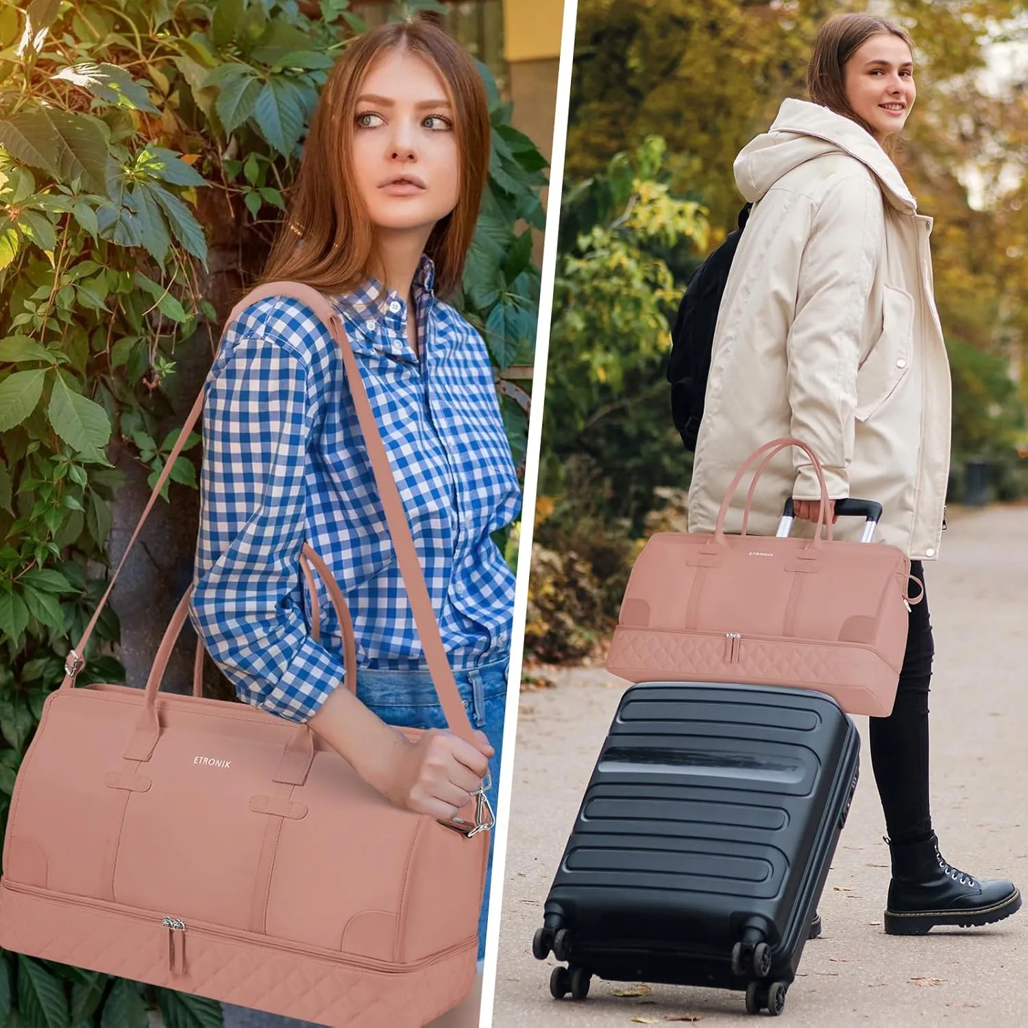 ETRONIK Weekender Overnight Bag for Women, Large Travel Duffle Bag with Shoe Compartment & Wet Pocket, Carry On Tote Bag Gym Duffel Bag with Toiletry Bag, 3 Pcs Set, Large Size, Brown Orange