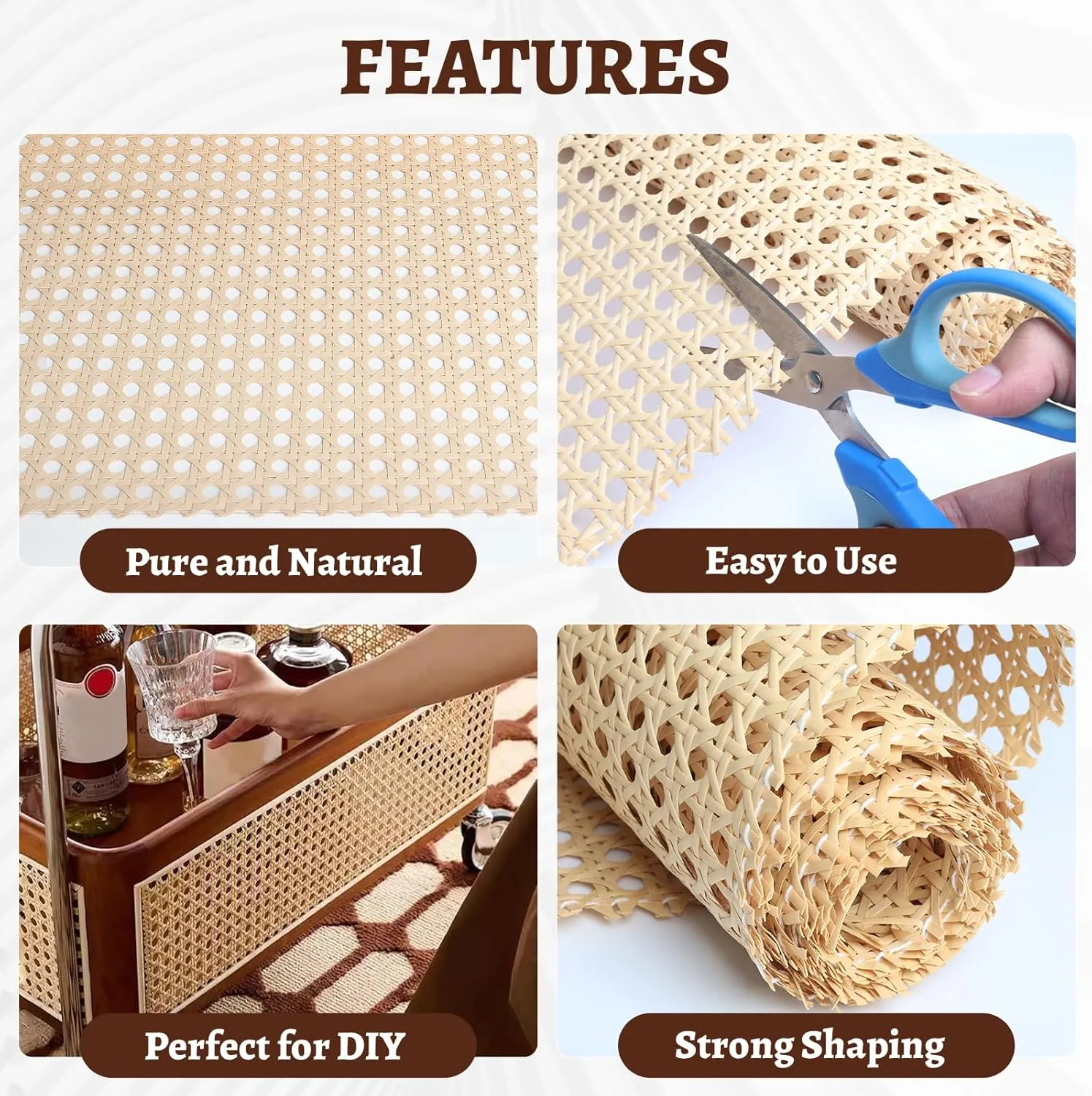 Eunice Upgraded Cane Rattan Webbing Roll, 16" W x 80" L Plastic Rattan Material, Cane Webbing Roll for Caning Projects, DIY Furniture Chairs, Cabinets, Ceiling