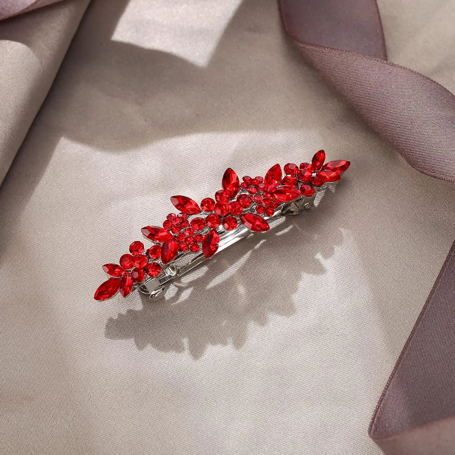EVER FAITH Bridal Crystal Flower Hair Barrette Clip for Woman, Marquise Round Rhinestone Cluster Hair-Barrette for Banquet Red Silver-Tone