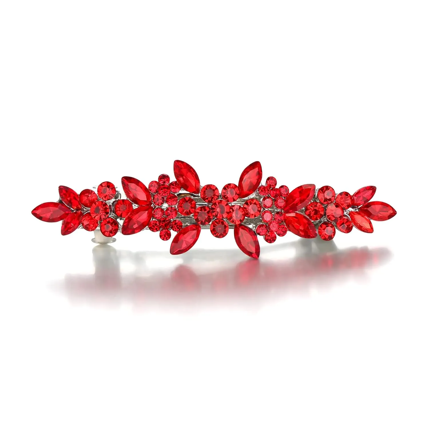 EVER FAITH Bridal Crystal Flower Hair Barrette Clip for Woman, Marquise Round Rhinestone Cluster Hair-Barrette for Banquet Red Silver-Tone