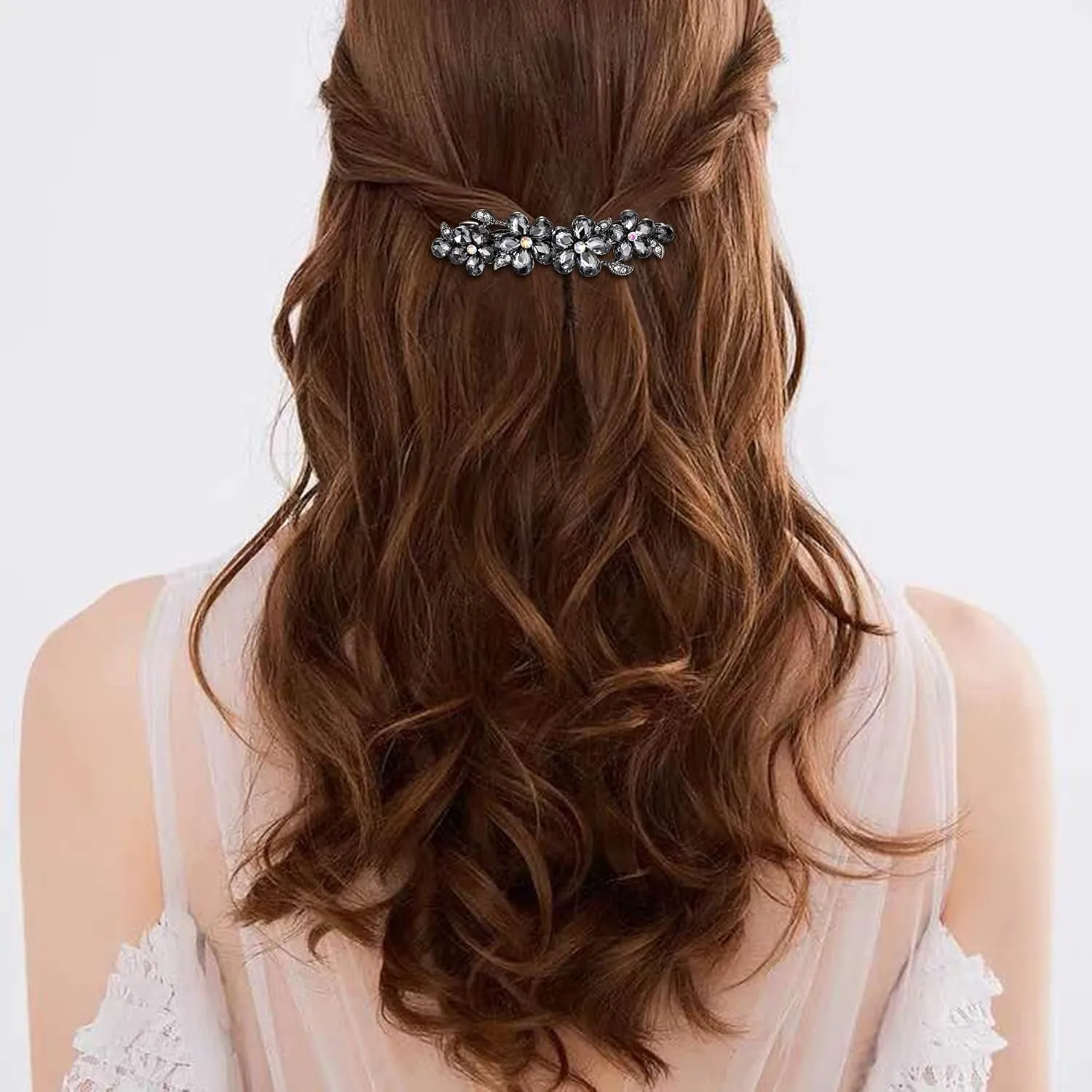 EVER FAITH Party Austrian Crystal Barrette Clip, Gorgeous Plum Blossom Flower Teardrop Hair Clasps Accessorie Grey Black-Tone