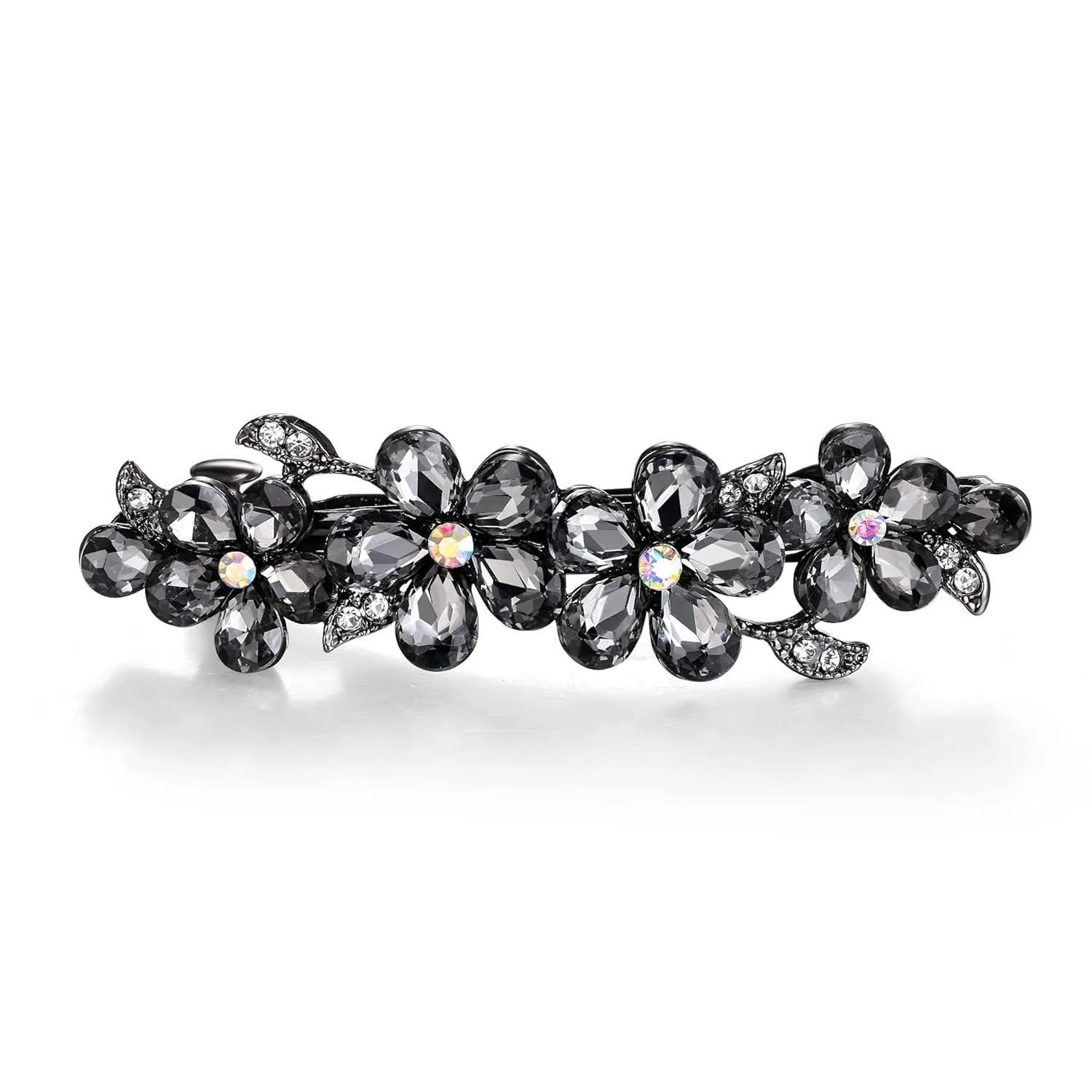 EVER FAITH Party Austrian Crystal Barrette Clip, Gorgeous Plum Blossom Flower Teardrop Hair Clasps Accessorie Grey Black-Tone