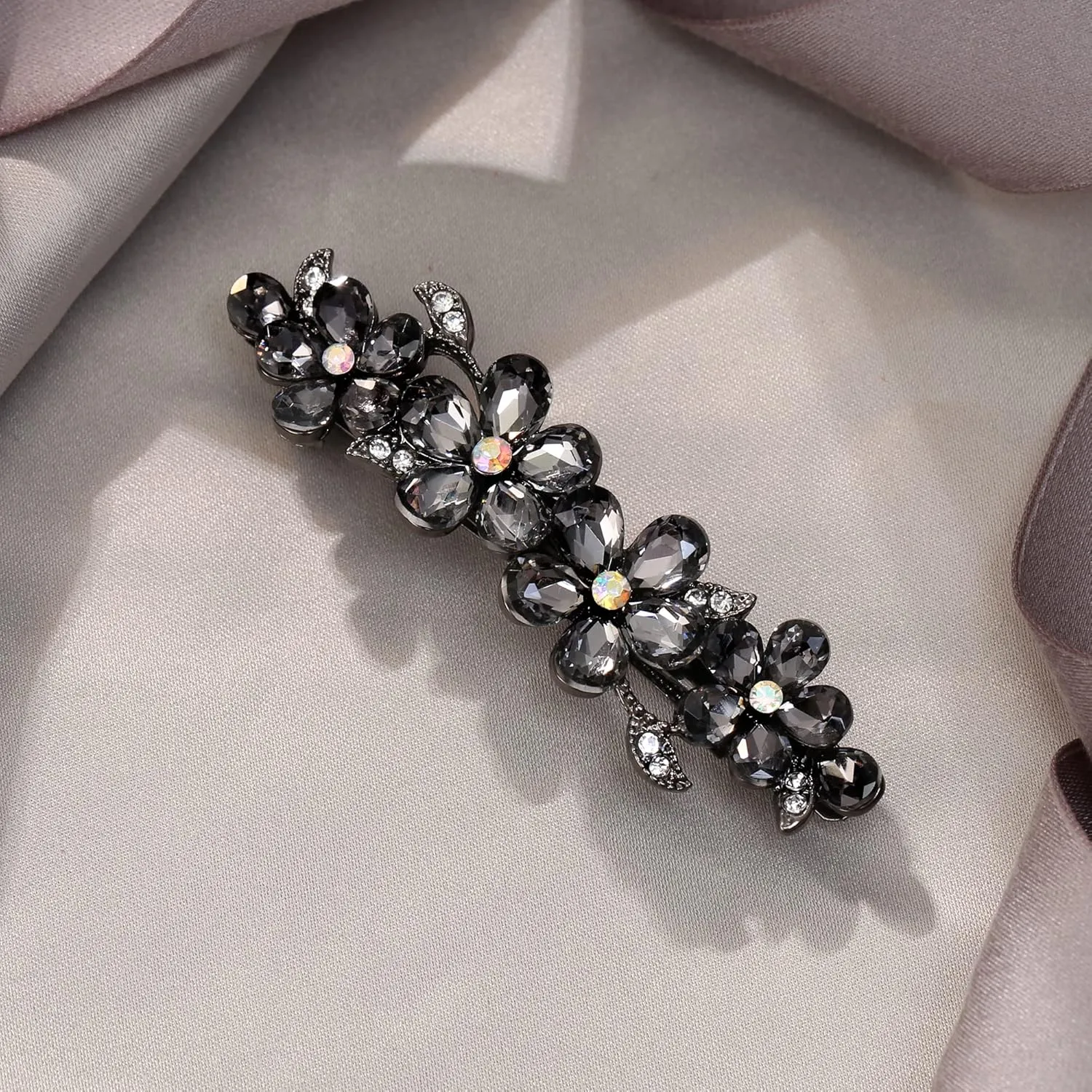EVER FAITH Party Austrian Crystal Barrette Clip, Gorgeous Plum Blossom Flower Teardrop Hair Clasps Accessorie Grey Black-Tone