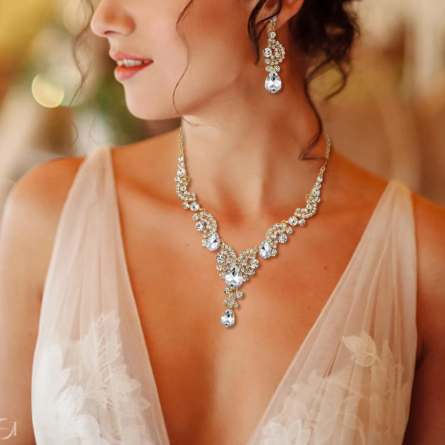 EVER FAITH Rhinestone Crystal Bridal Floral Wave Teardrop Necklace Earrings Set