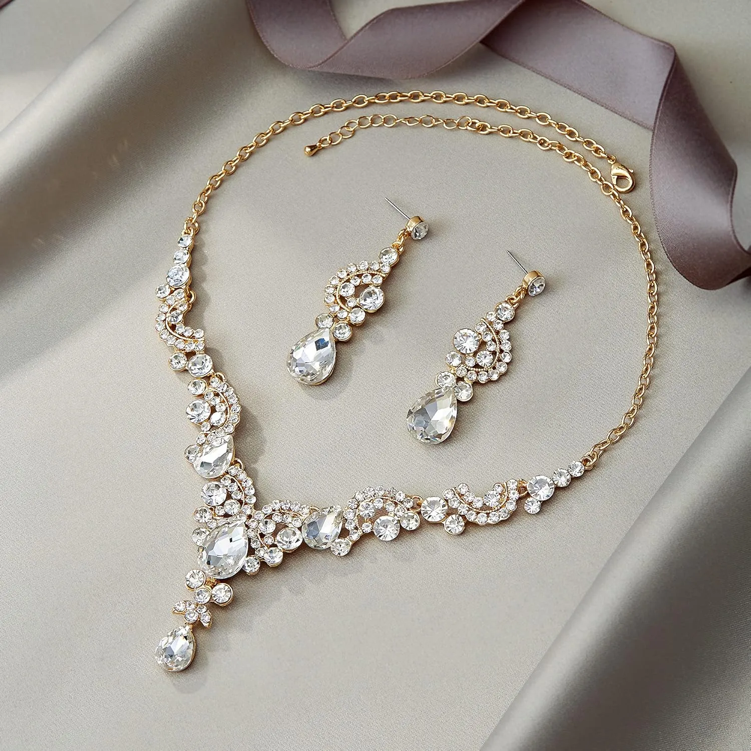 EVER FAITH Rhinestone Crystal Bridal Floral Wave Teardrop Necklace Earrings Set